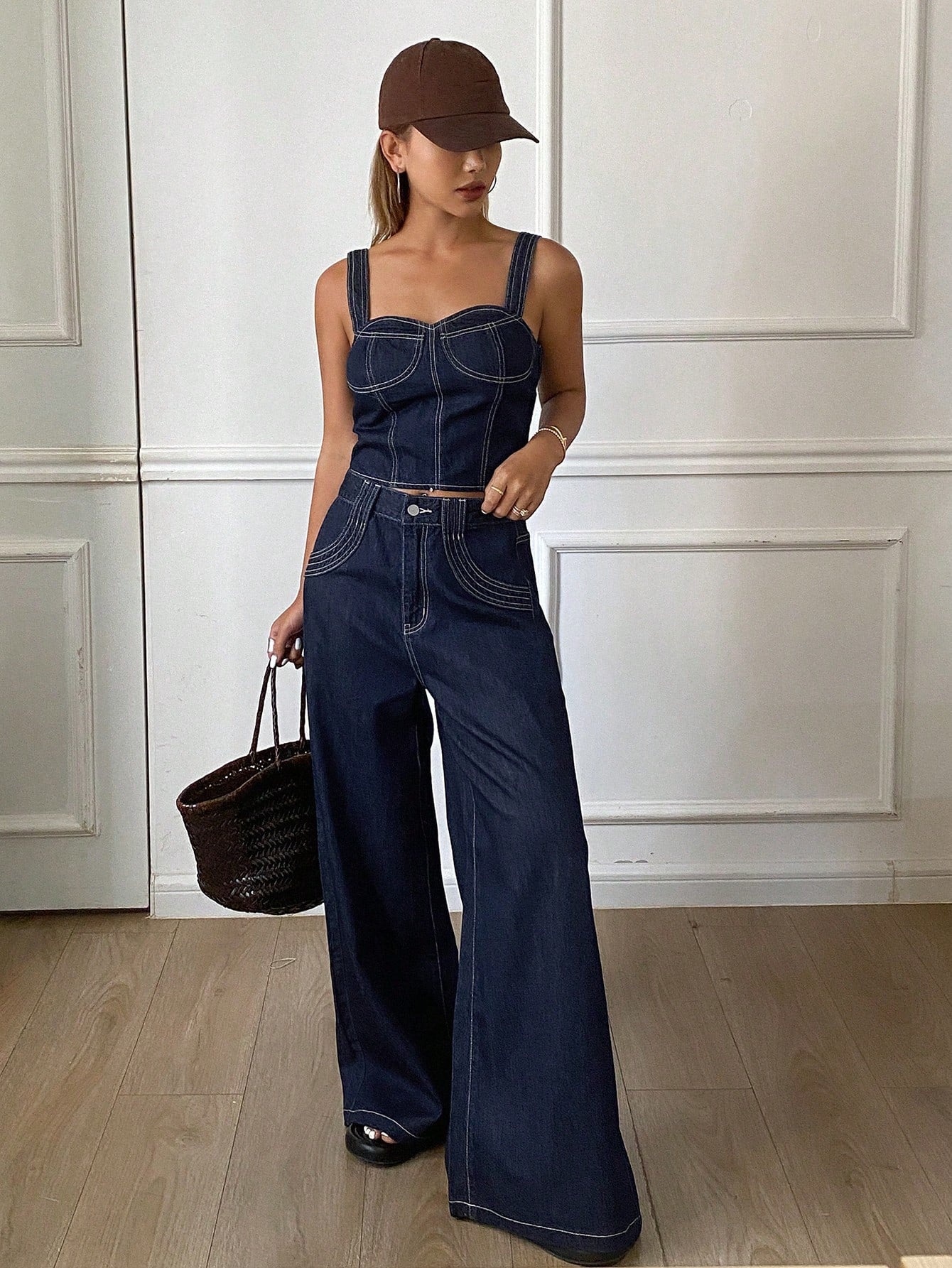 CM-SS216666 Women Casual Seoul Style Solid Color Cropped Tank Top With Wide Leg Jeans - Set