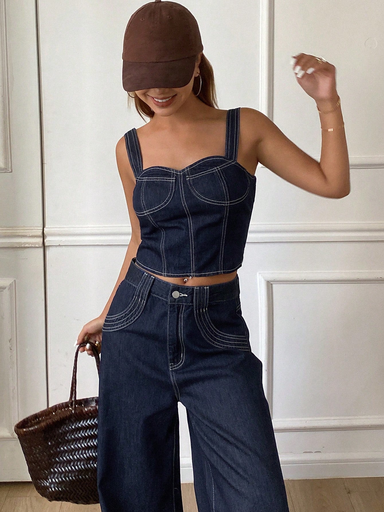 CM-SS216666 Women Casual Seoul Style Solid Color Cropped Tank Top With Wide Leg Jeans - Set