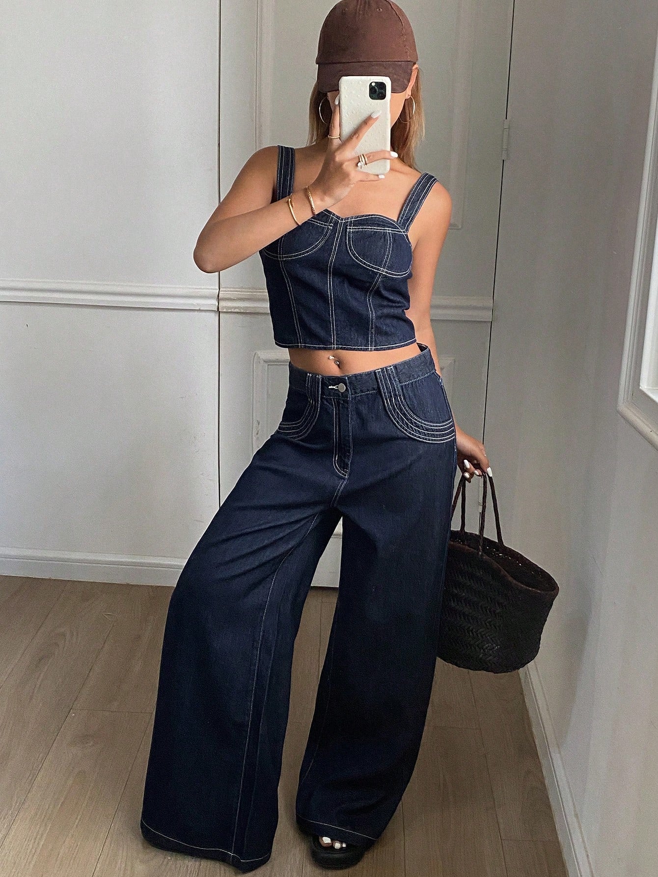 CM-SS216666 Women Casual Seoul Style Solid Color Cropped Tank Top With Wide Leg Jeans - Set