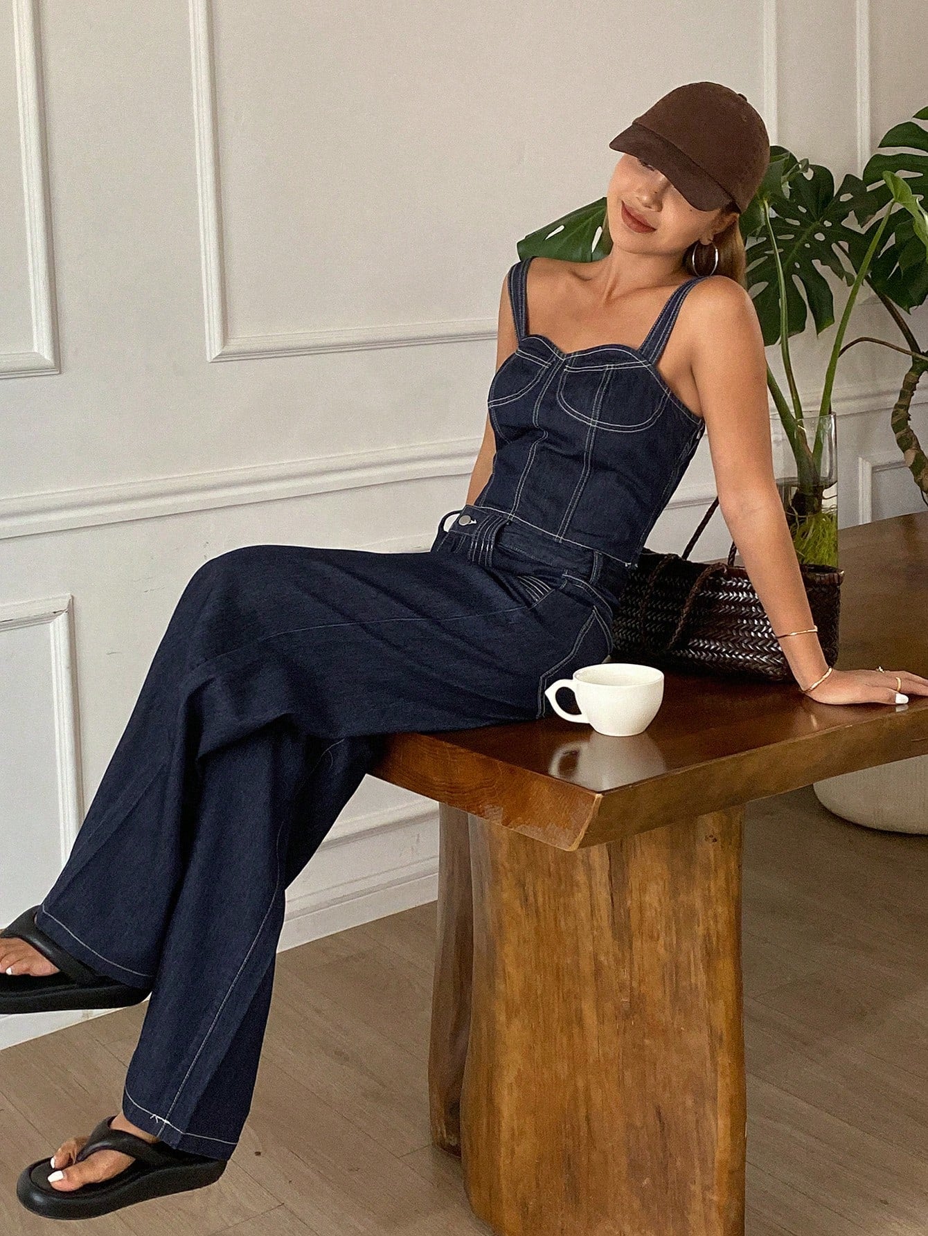 CM-SS216666 Women Casual Seoul Style Solid Color Cropped Tank Top With Wide Leg Jeans - Set