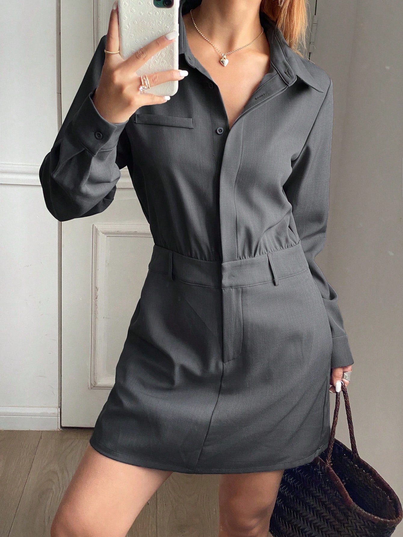 CM-JS221417 Women Casual Seoul Style Solid Color Collar Neckline Long Sleeve Short Jumpsuit - Gray