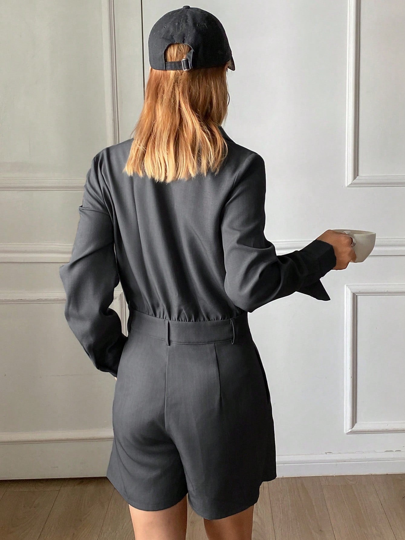 CM-JS221417 Women Casual Seoul Style Solid Color Collar Neckline Long Sleeve Short Jumpsuit - Gray