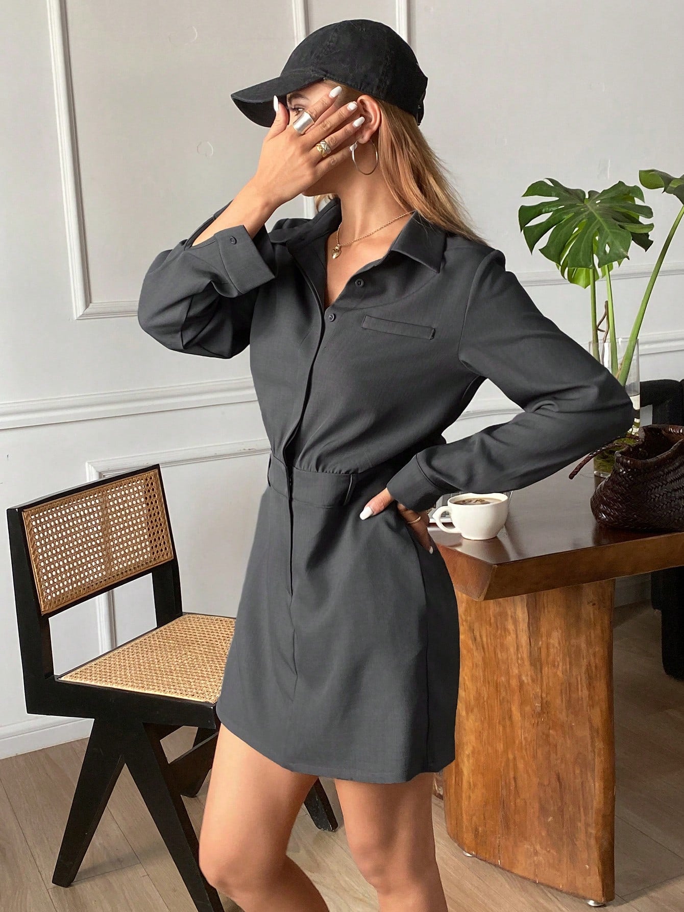CM-JS221417 Women Casual Seoul Style Solid Color Collar Neckline Long Sleeve Short Jumpsuit - Gray