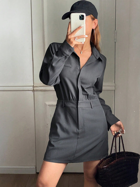 CM-JS221417 Women Casual Seoul Style Solid Color Collar Neckline Long Sleeve Short Jumpsuit - Gray