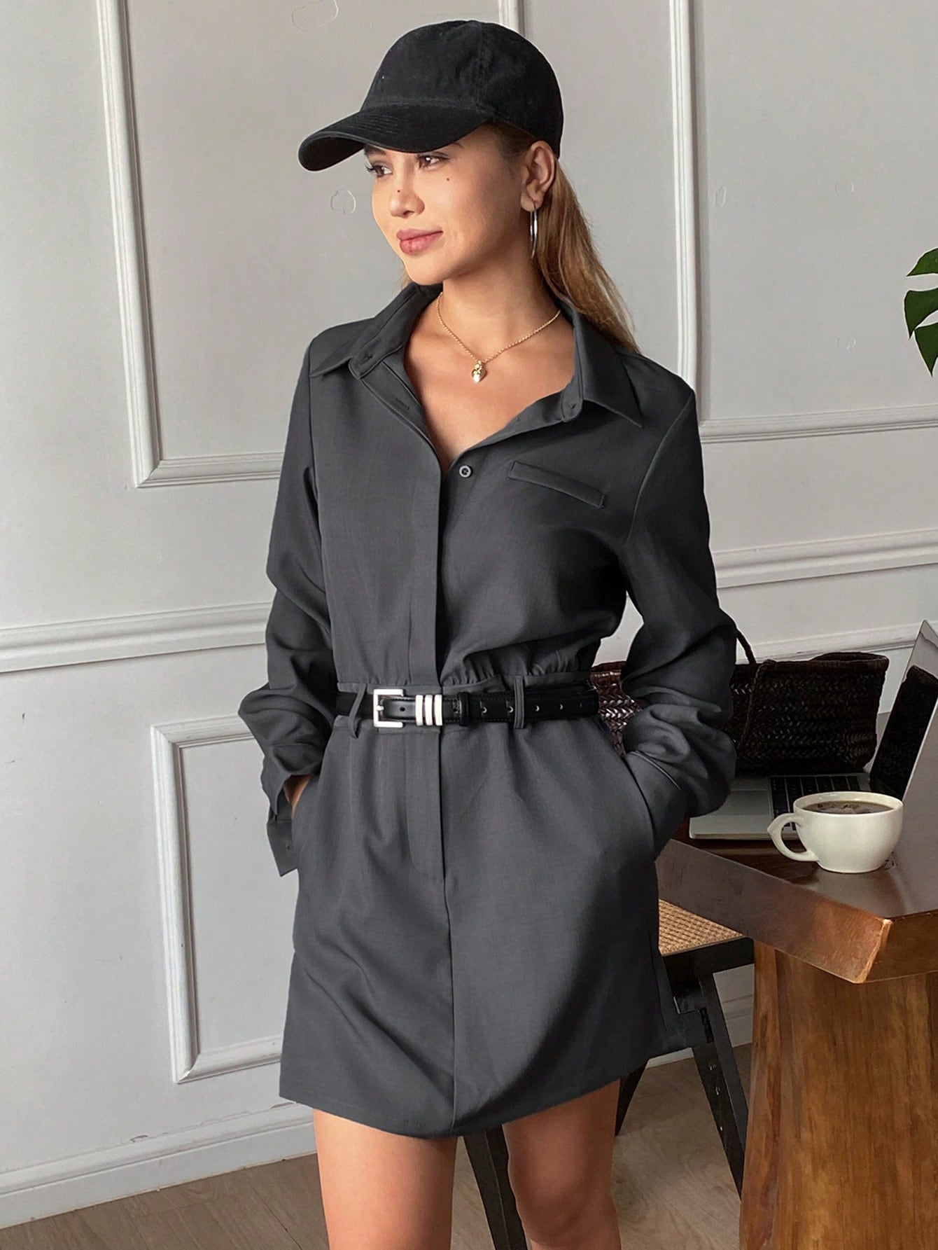CM-JS221417 Women Casual Seoul Style Solid Color Collar Neckline Long Sleeve Short Jumpsuit - Gray
