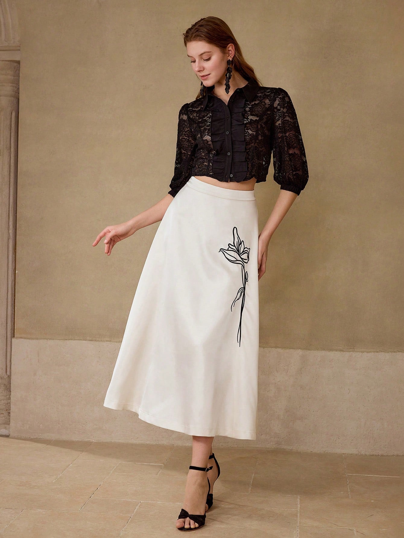 CM-TS549759 Women Elegant Seoul Style Collar Neckline 3/4 Sleeve Lace Button Up Top - Black