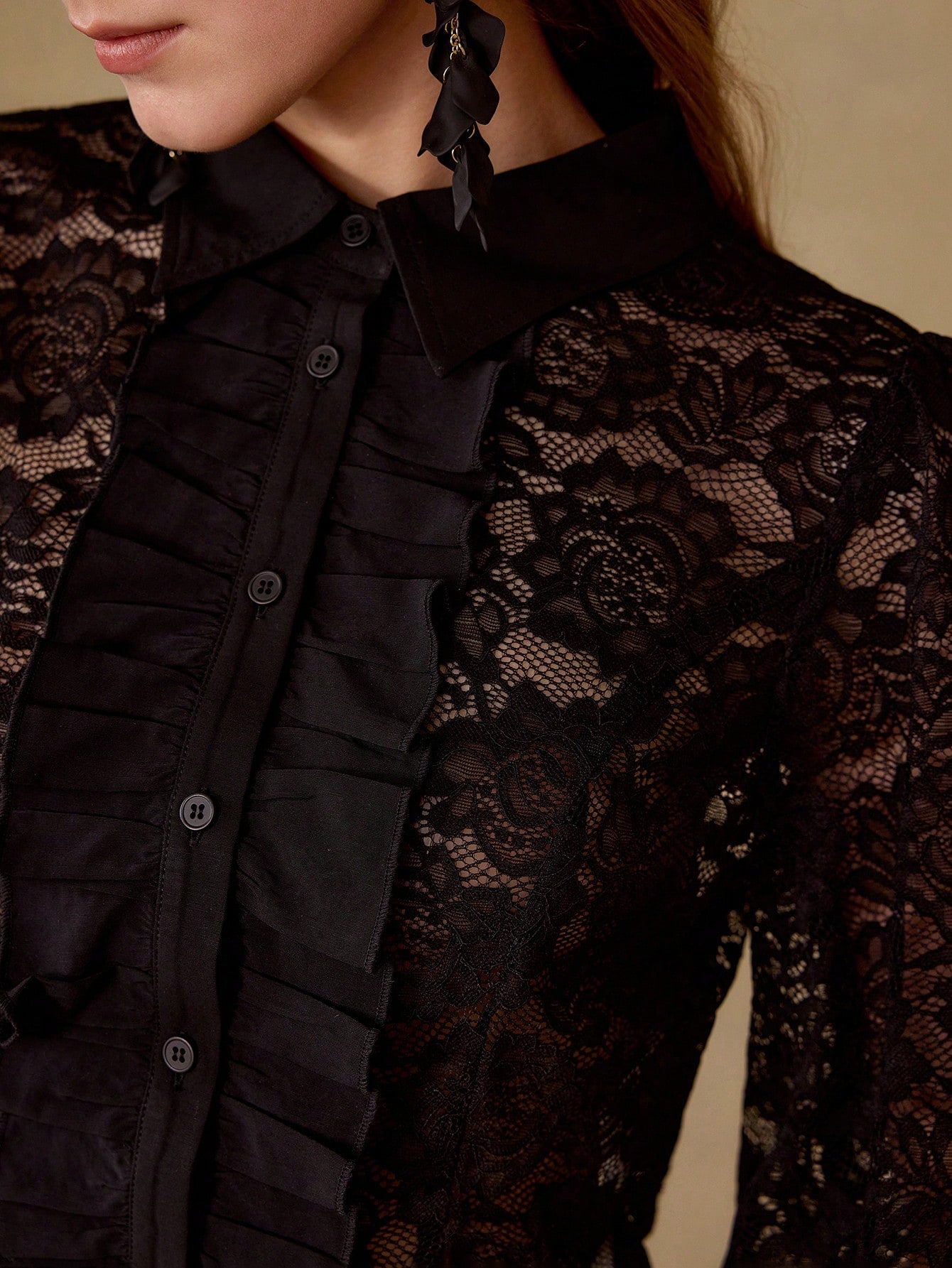 CM-TS549759 Women Elegant Seoul Style Collar Neckline 3/4 Sleeve Lace Button Up Top - Black