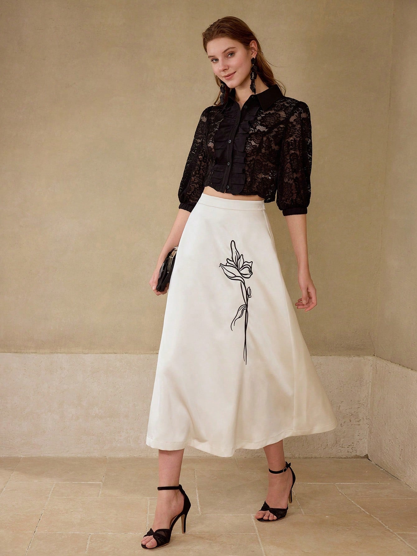 CM-TS549759 Women Elegant Seoul Style Collar Neckline 3/4 Sleeve Lace Button Up Top - Black