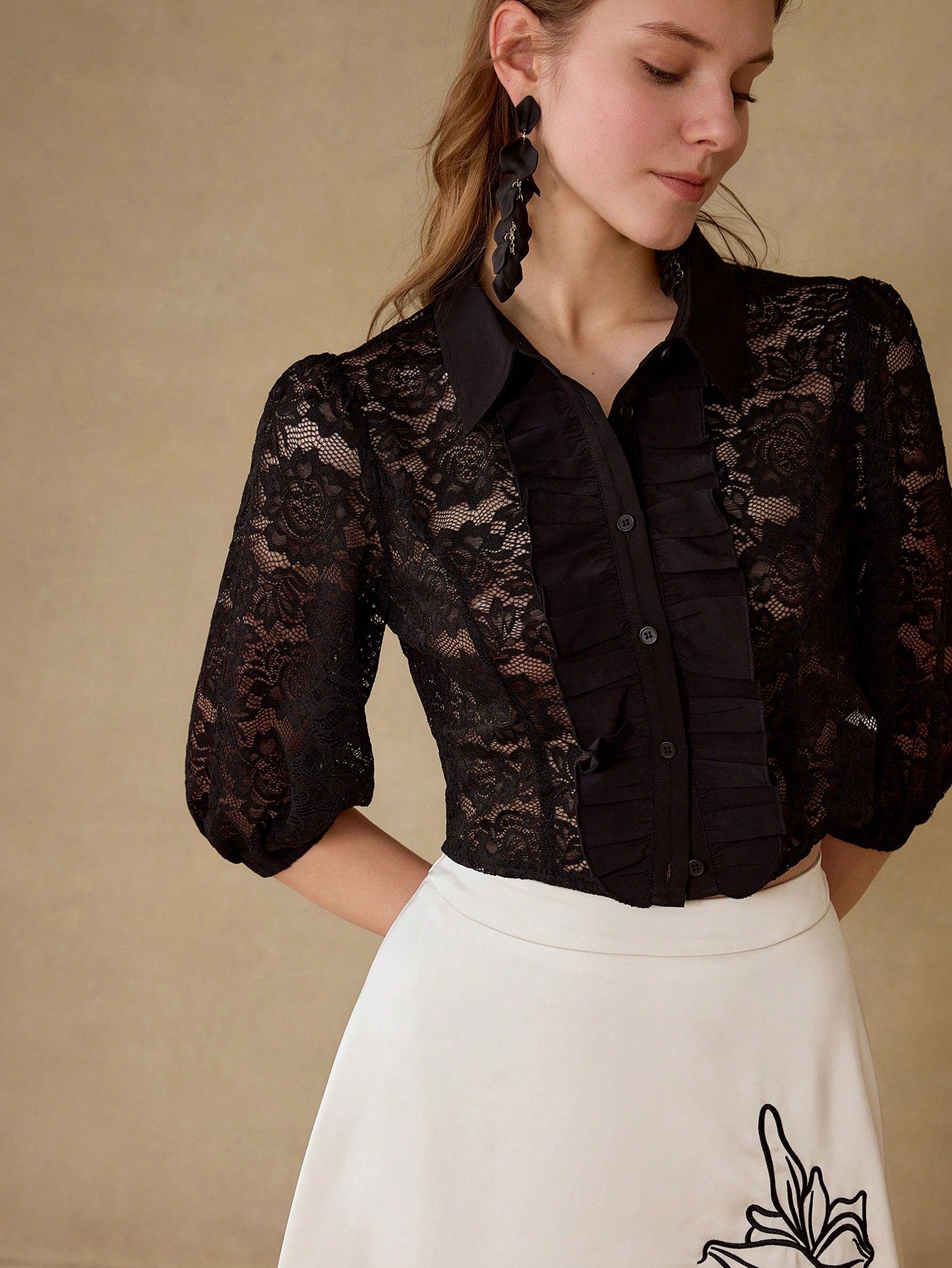CM-TS549759 Women Elegant Seoul Style Collar Neckline 3/4 Sleeve Lace Button Up Top - Black