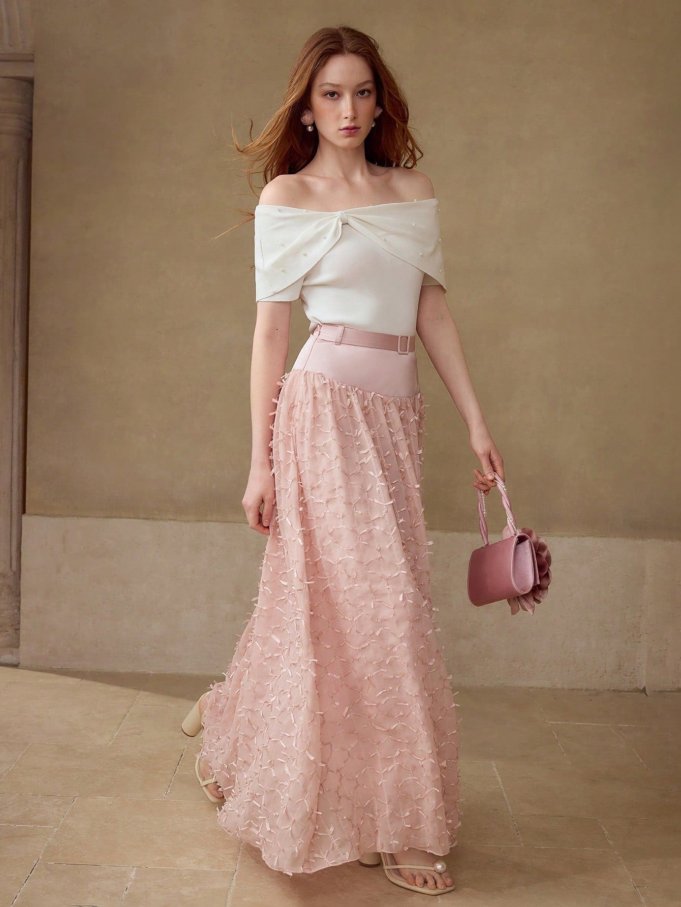CM-BS748878 Women Elegant Seoul Style High Waist Colorblock Belted Long Skirt - Dusty Pink