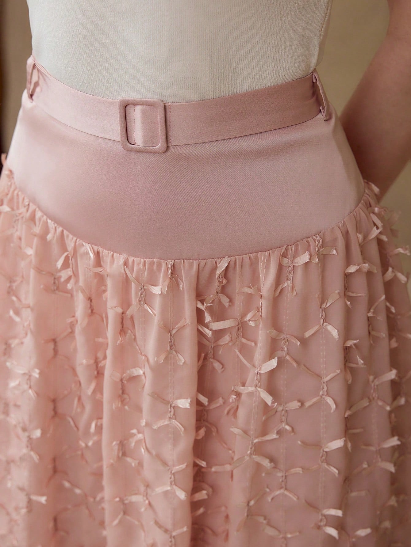 CM-BS748878 Women Elegant Seoul Style High Waist Colorblock Belted Long Skirt - Dusty Pink