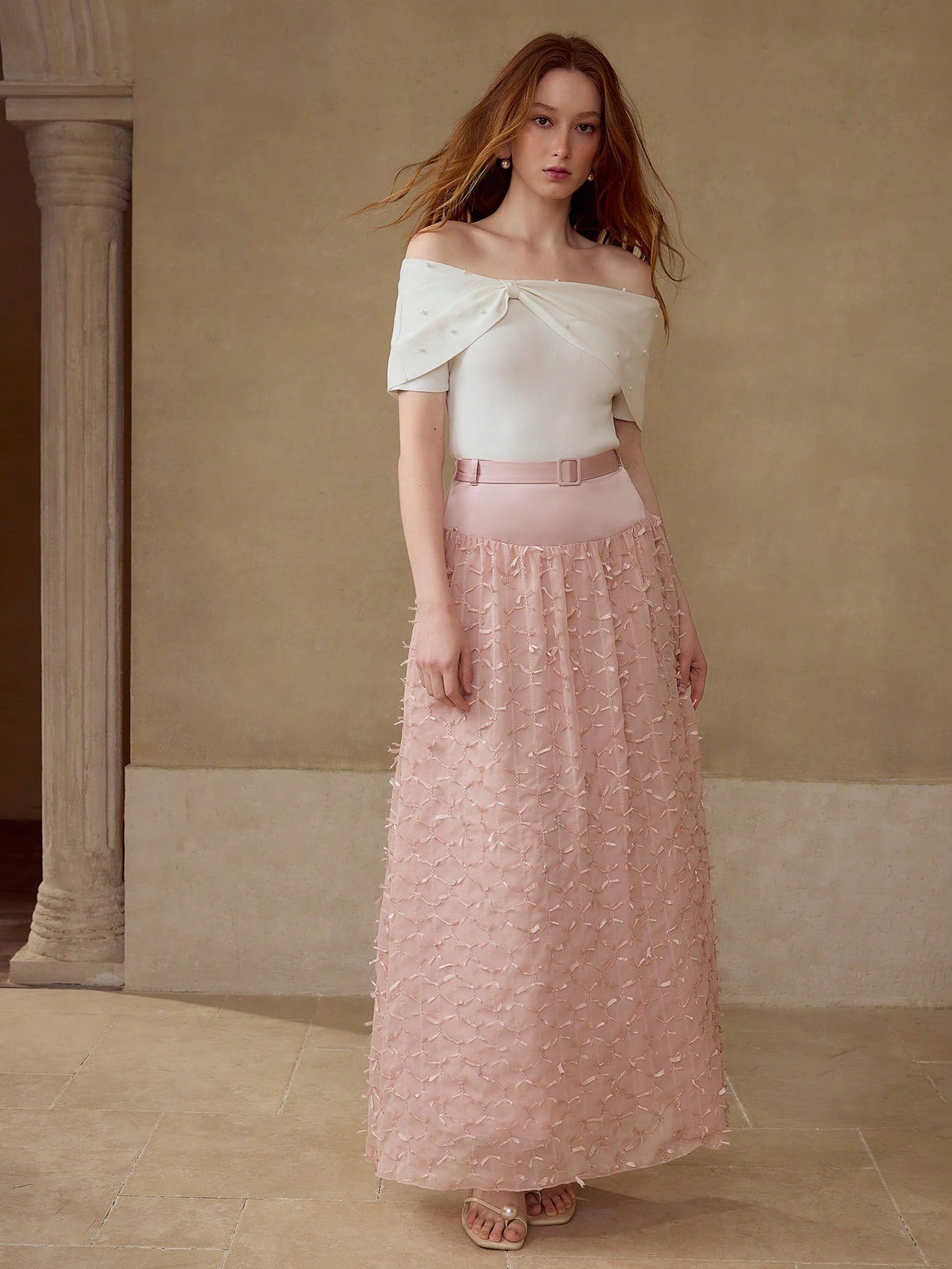 CM-BS748878 Women Elegant Seoul Style High Waist Colorblock Belted Long Skirt - Dusty Pink