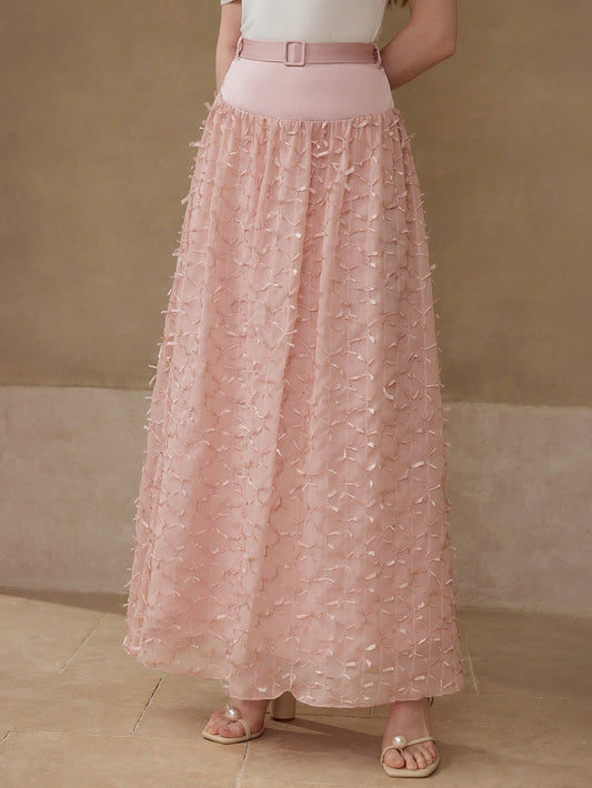 CM-BS748878 Women Elegant Seoul Style High Waist Colorblock Belted Long Skirt - Dusty Pink