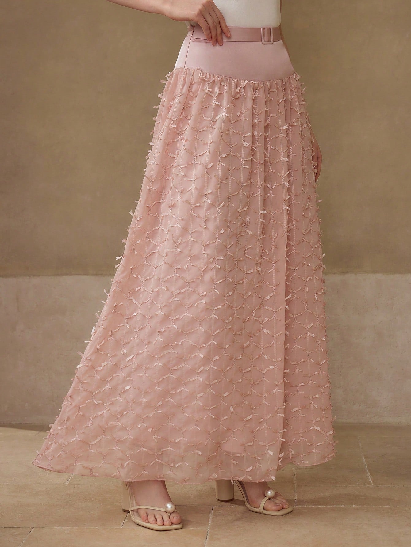 CM-BS748878 Women Elegant Seoul Style High Waist Colorblock Belted Long Skirt - Dusty Pink