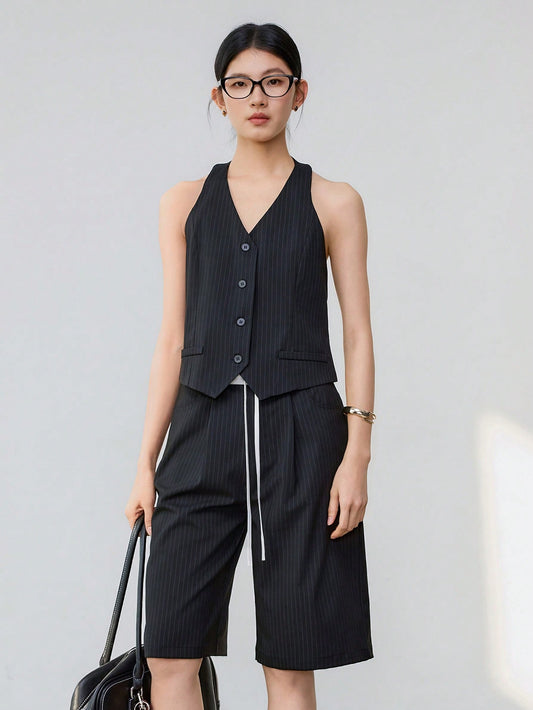 CM-SS442492 Women Casual Seoul Style Halter Striped Vest With Straight Leg Pants - Set