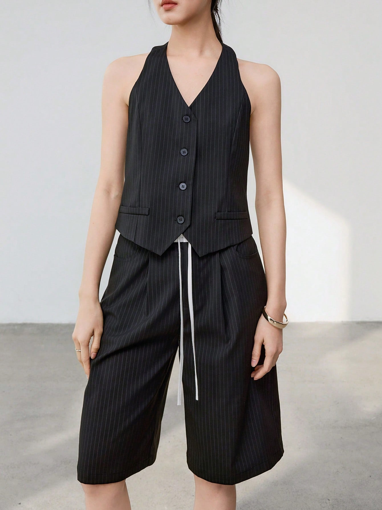 CM-SS442492 Women Casual Seoul Style Halter Striped Vest With Straight Leg Pants - Set