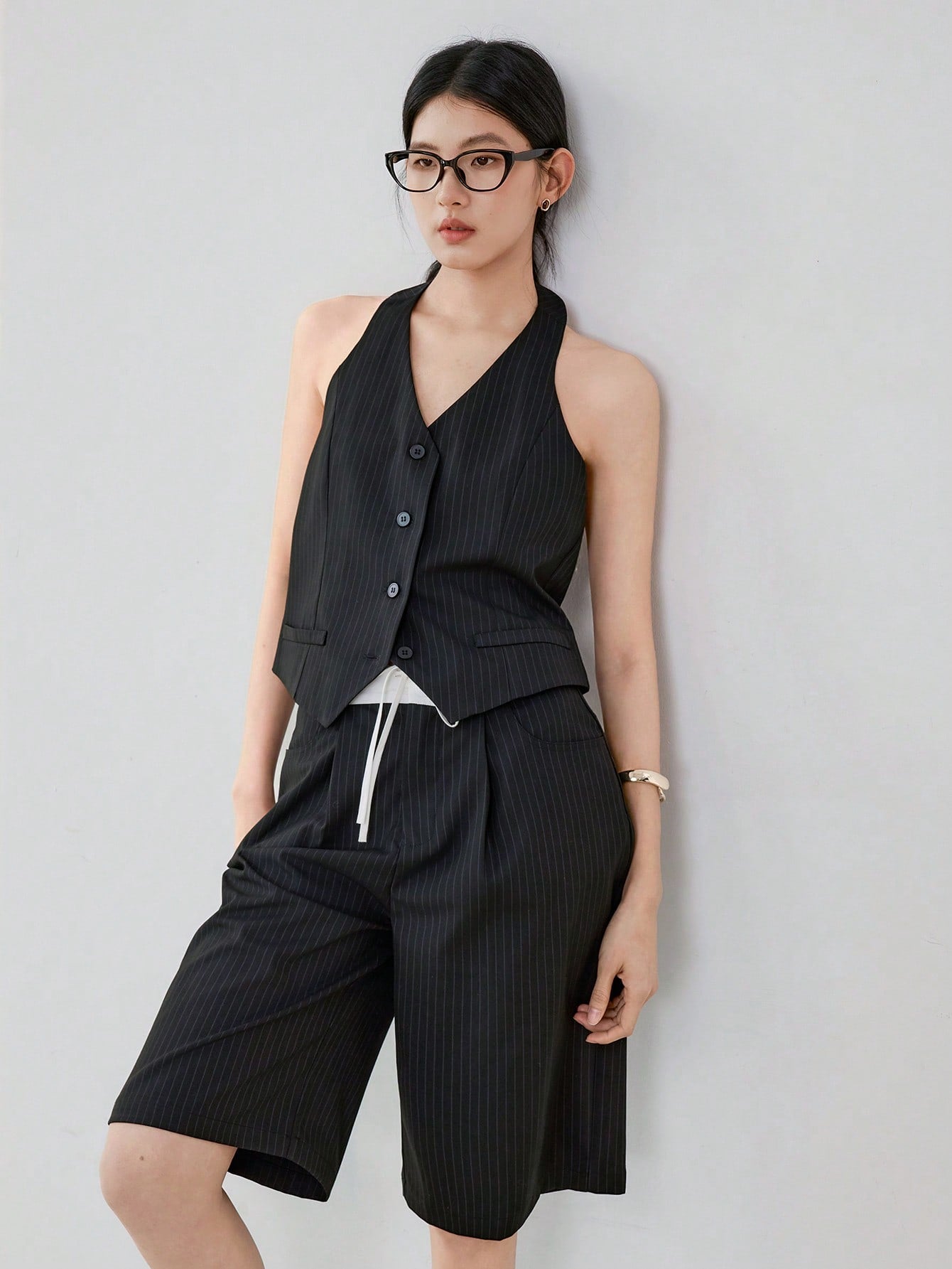 CM-SS442492 Women Casual Seoul Style Halter Striped Vest With Straight Leg Pants - Set