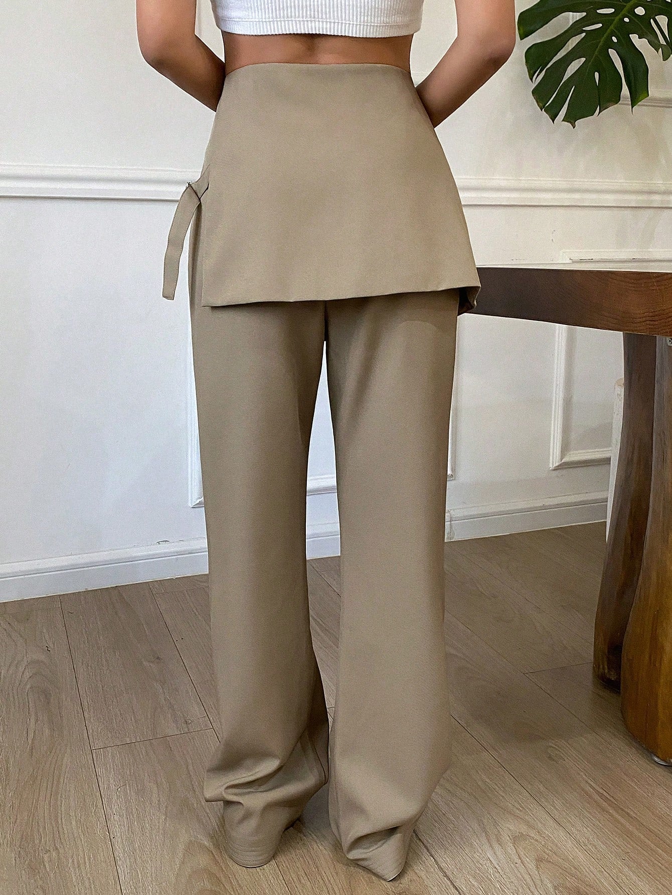 CM-BS603206 Women Casual Seoul Style Solid Color Flare Leg Pants With 2 In 1 Look - Khaki