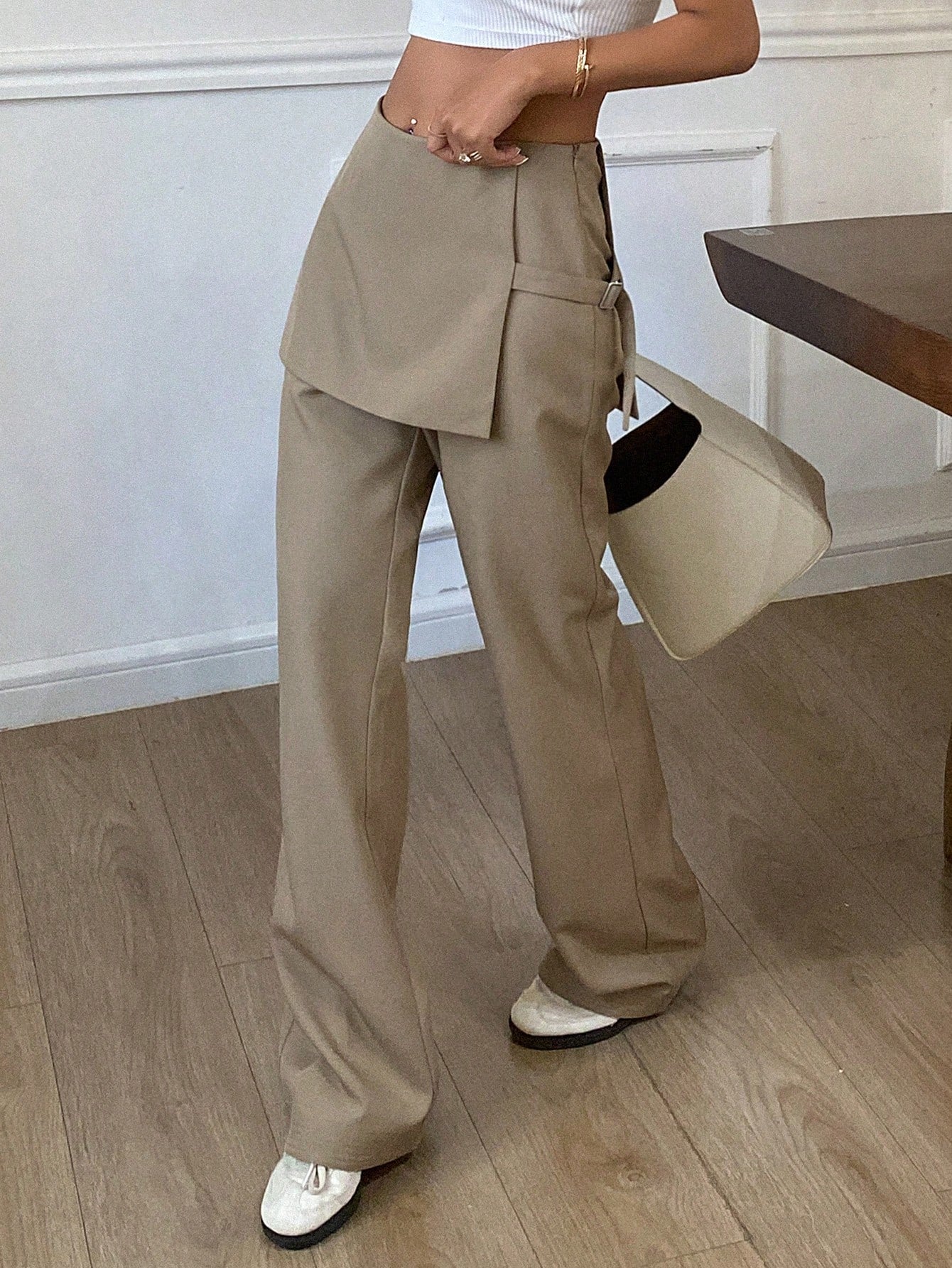 CM-BS603206 Women Casual Seoul Style Solid Color Flare Leg Pants With 2 In 1 Look - Khaki