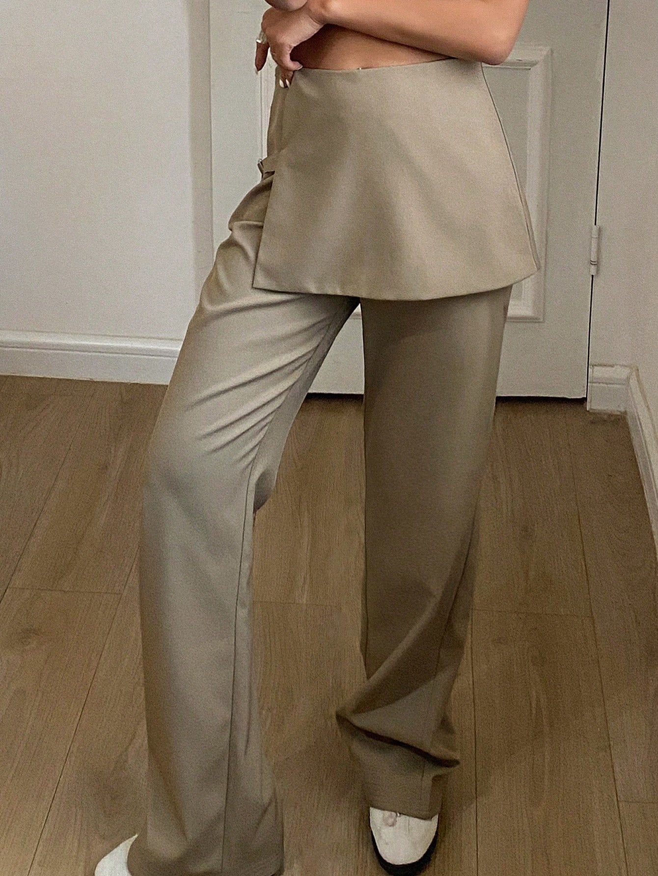 CM-BS603206 Women Casual Seoul Style Solid Color Flare Leg Pants With 2 In 1 Look - Khaki