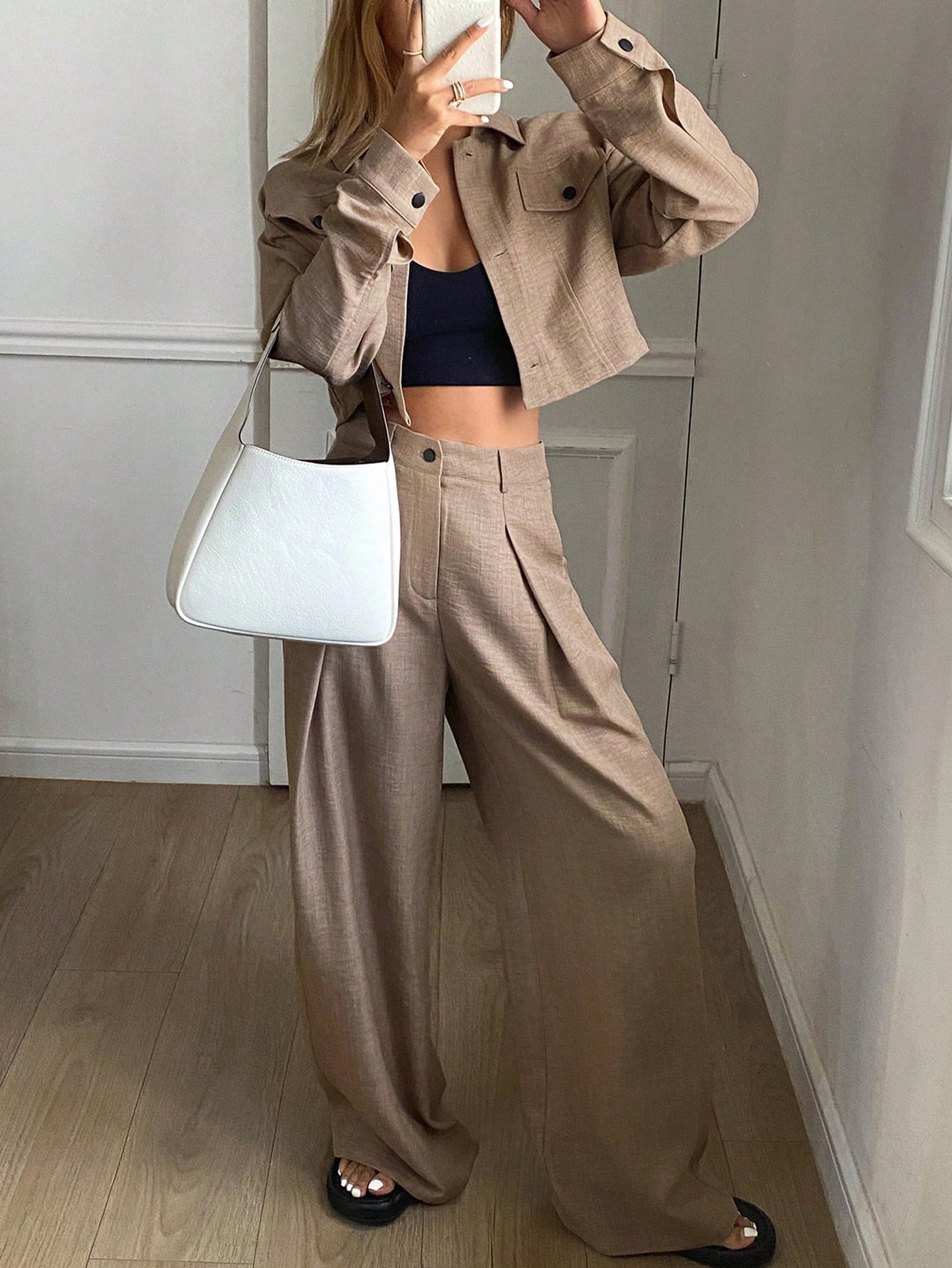 CM-SS607906 Women Casual Seoul Style Solid Color Loose Short Sleeve Top With Wide-Leg Pants - Set