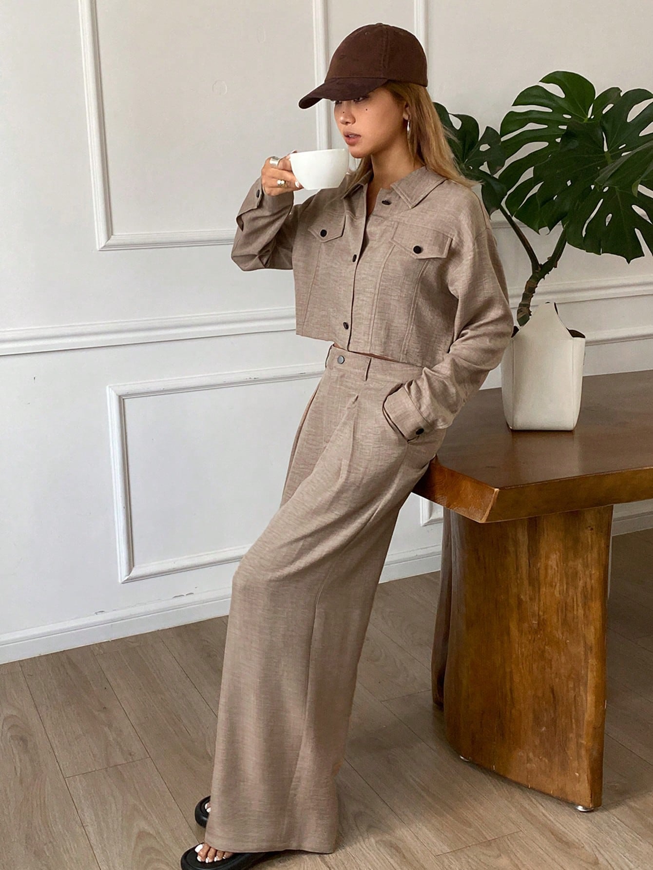 CM-SS607906 Women Casual Seoul Style Solid Color Loose Short Sleeve Top With Wide-Leg Pants - Set