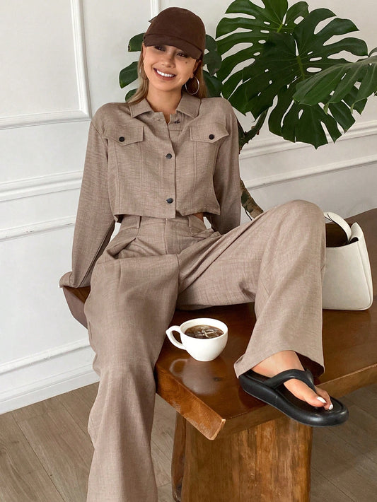 CM-SS607906 Women Casual Seoul Style Solid Color Loose Short Sleeve Top With Wide-Leg Pants - Set