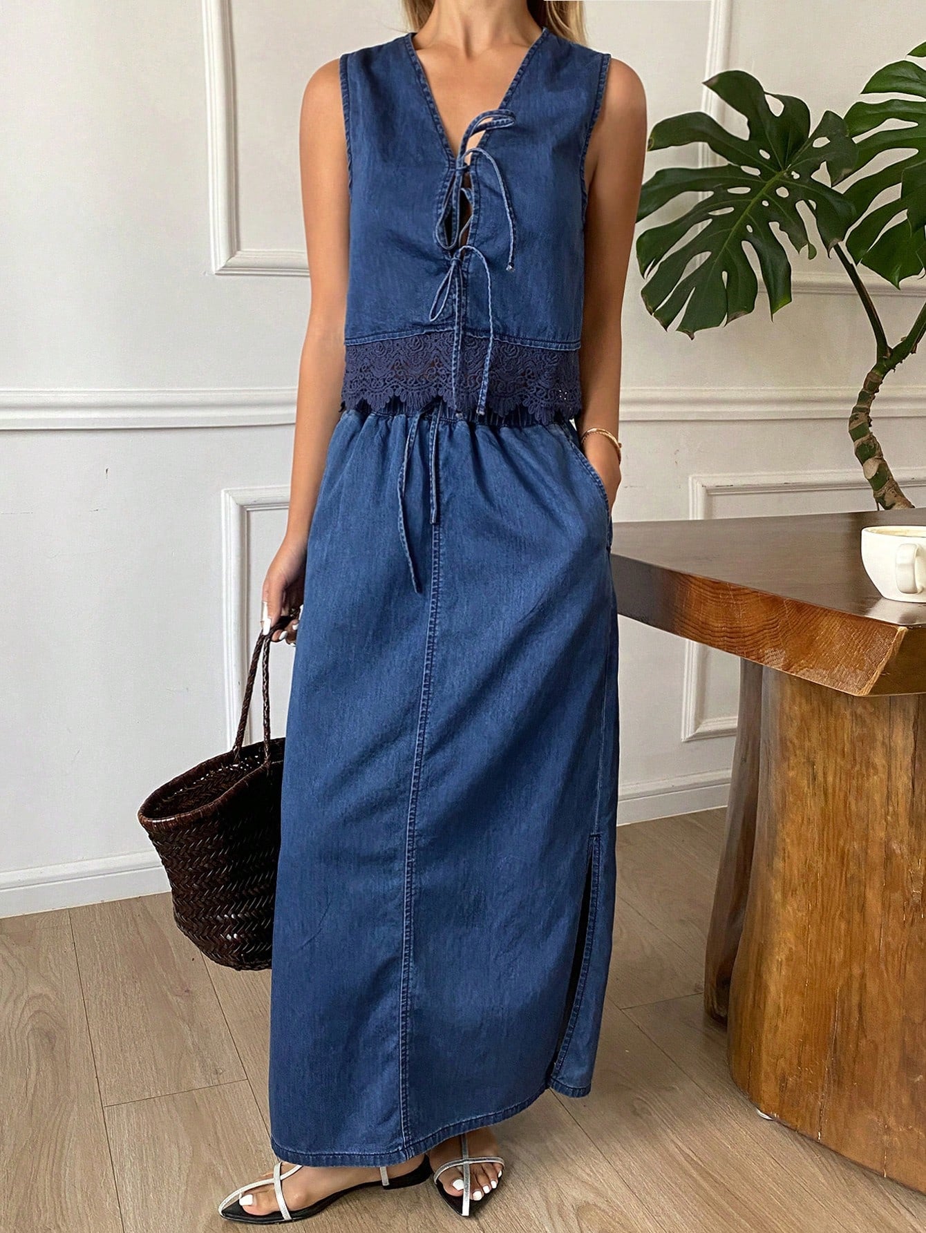 CM-SS332888 Women Casual Seoul Style Solid Color Contrast Lace-Up Vest With Long Denim Skirt - Set