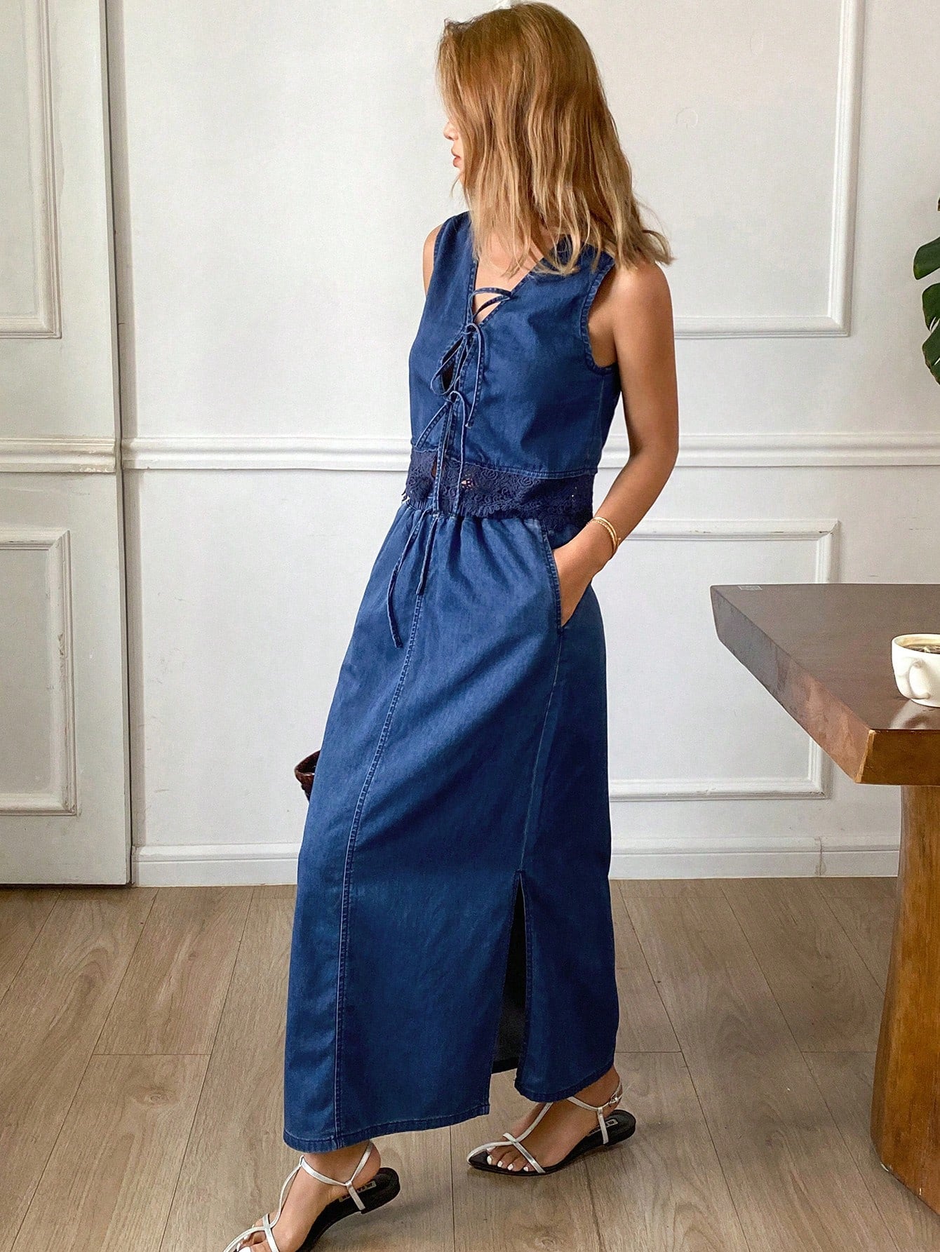 CM-SS332888 Women Casual Seoul Style Solid Color Contrast Lace-Up Vest With Long Denim Skirt - Set