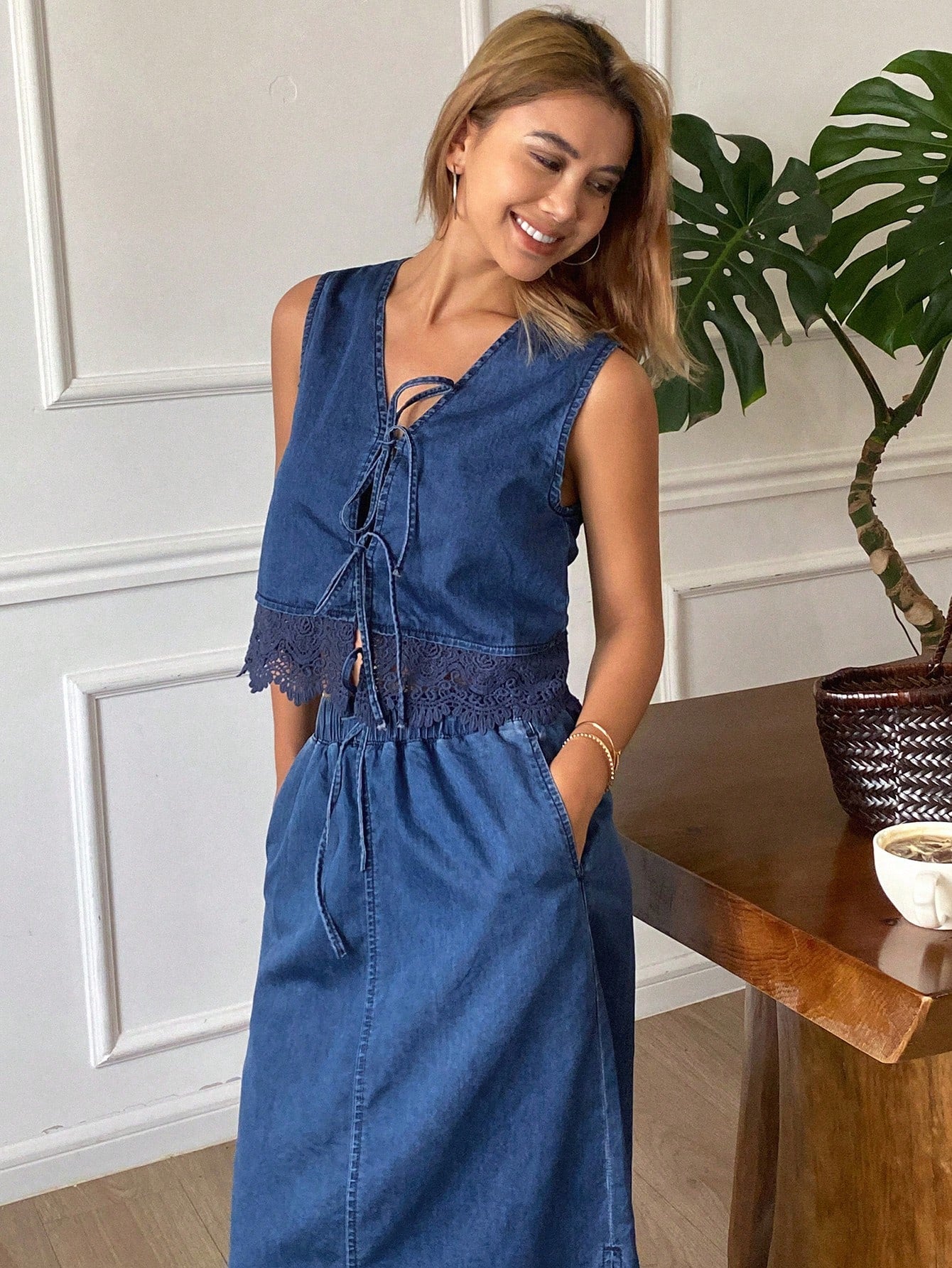CM-SS332888 Women Casual Seoul Style Solid Color Contrast Lace-Up Vest With Long Denim Skirt - Set
