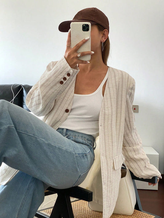 CM-CS420187 Women Casual Seoul Style V-Neck Long Sleeve Striped Loose Fit Linen Jacket - Apricot