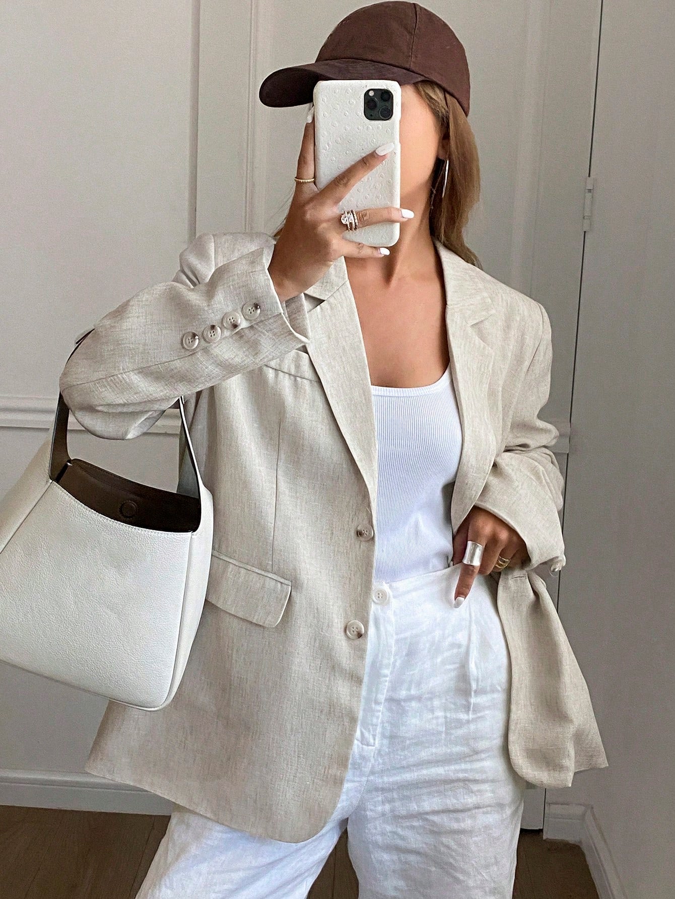 CM-CS031888 Women Casual Seoul Style Solid Color Lapel Neckline Long Sleeve Pocket Loose Blazer - Beige