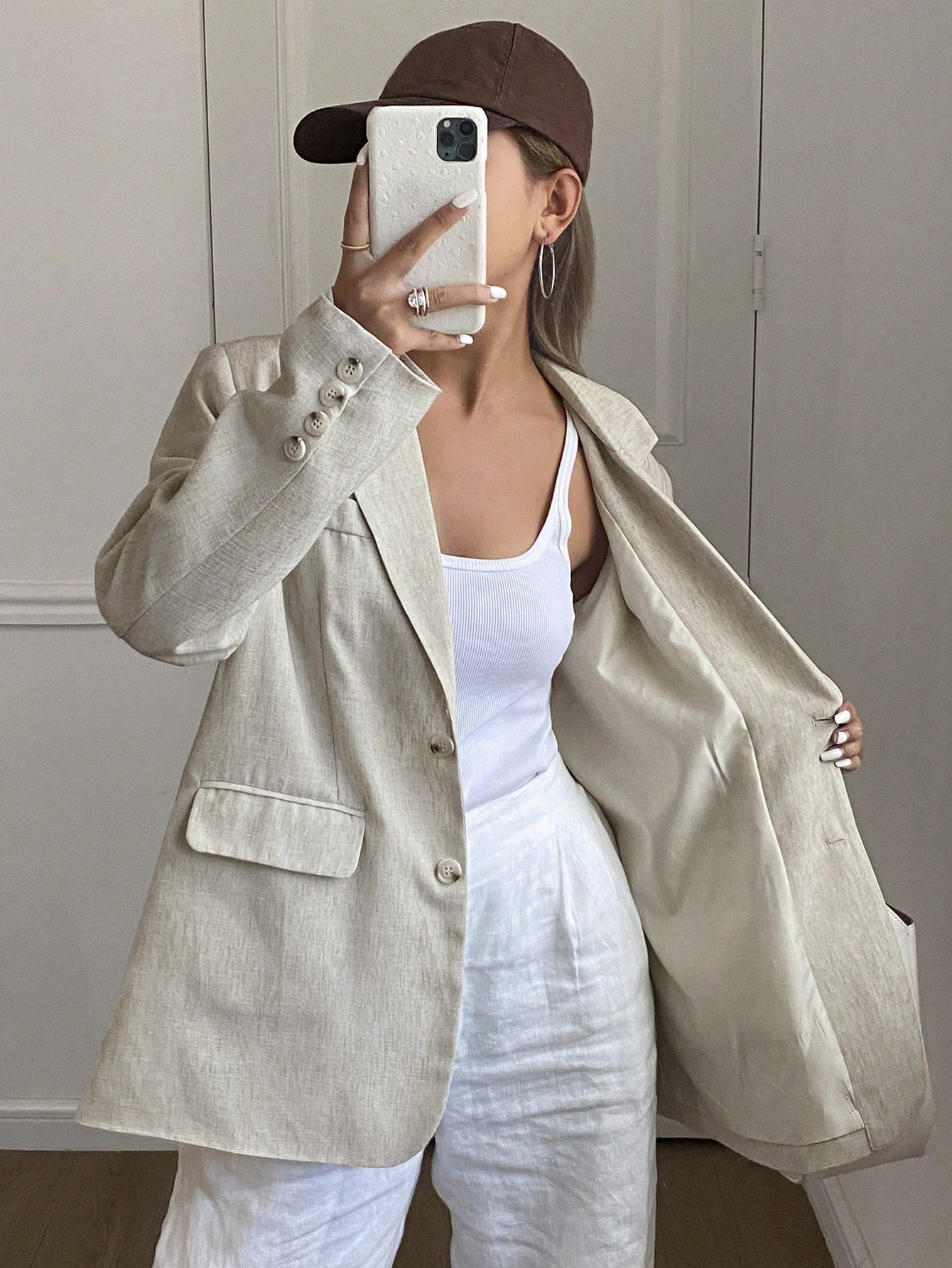 CM-CS031888 Women Casual Seoul Style Solid Color Lapel Neckline Long Sleeve Pocket Loose Blazer - Beige