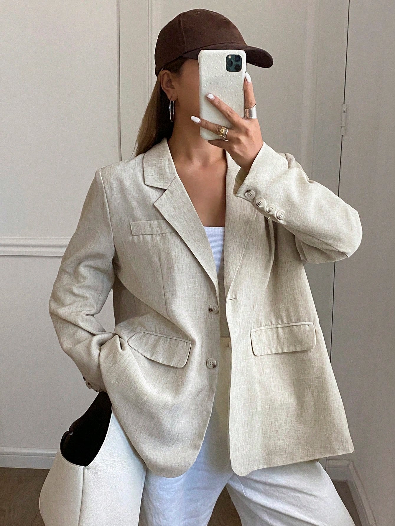 CM-CS031888 Women Casual Seoul Style Solid Color Lapel Neckline Long Sleeve Pocket Loose Blazer - Beige