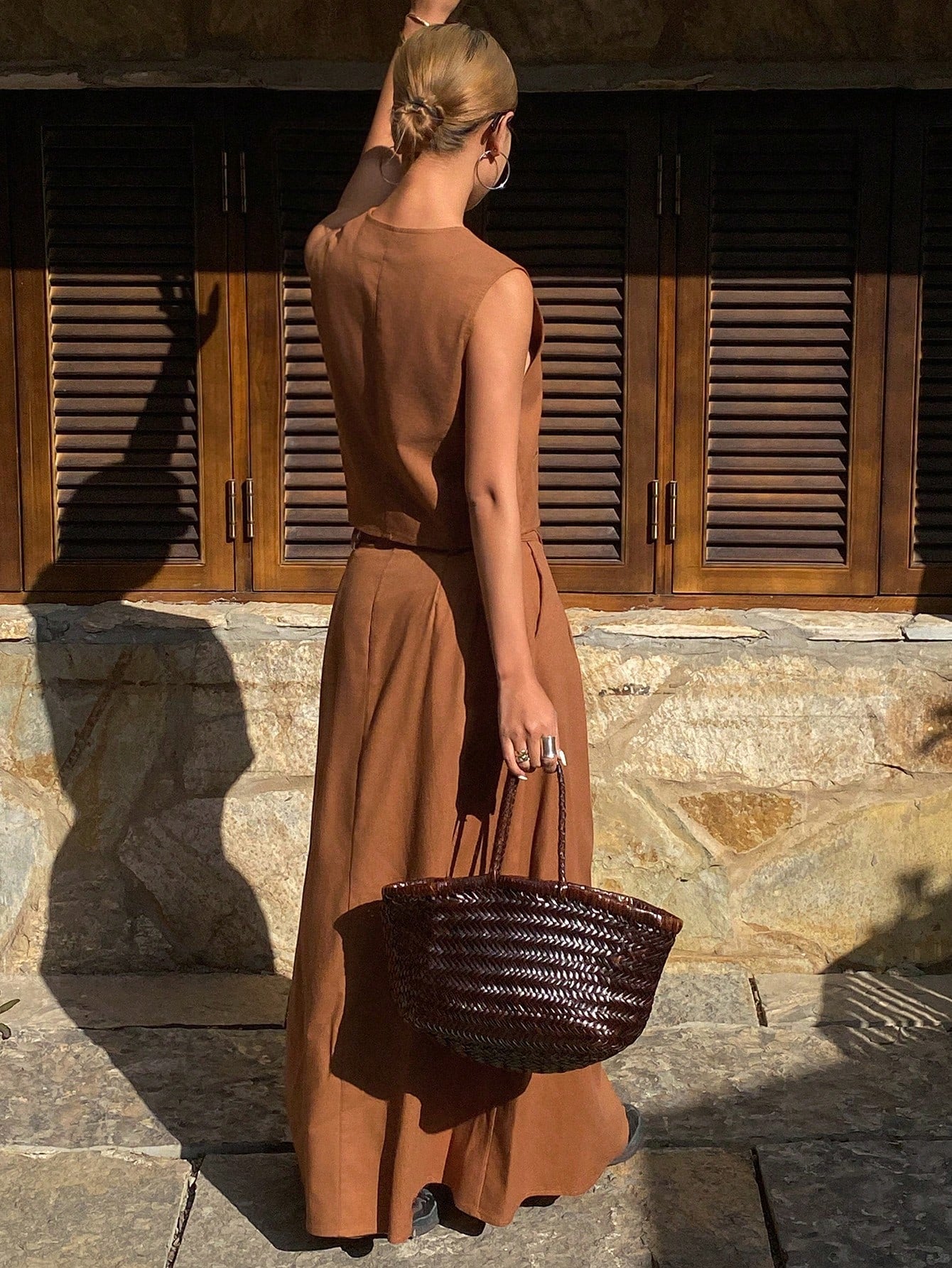 CM-SS416772 Women Casual Seoul Style Solid Color Fitted Sleeveless V-Neck Vest With A-Line Skirt - Set