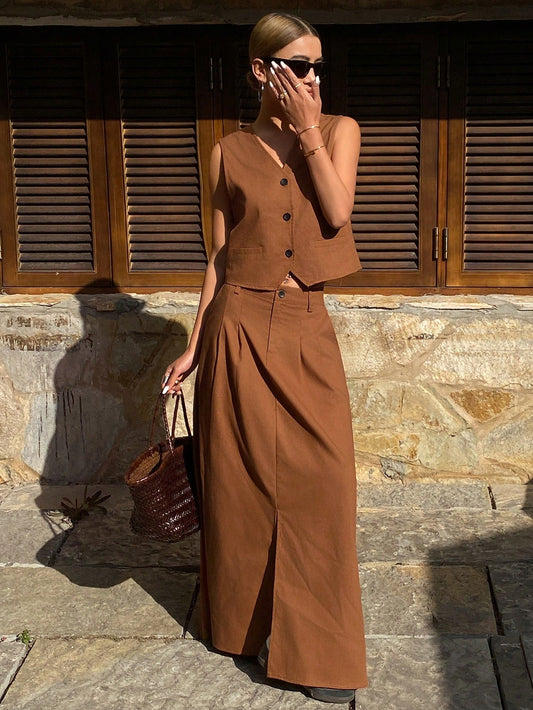 CM-SS416772 Women Casual Seoul Style Solid Color Fitted Sleeveless V-Neck Vest With A-Line Skirt - Set