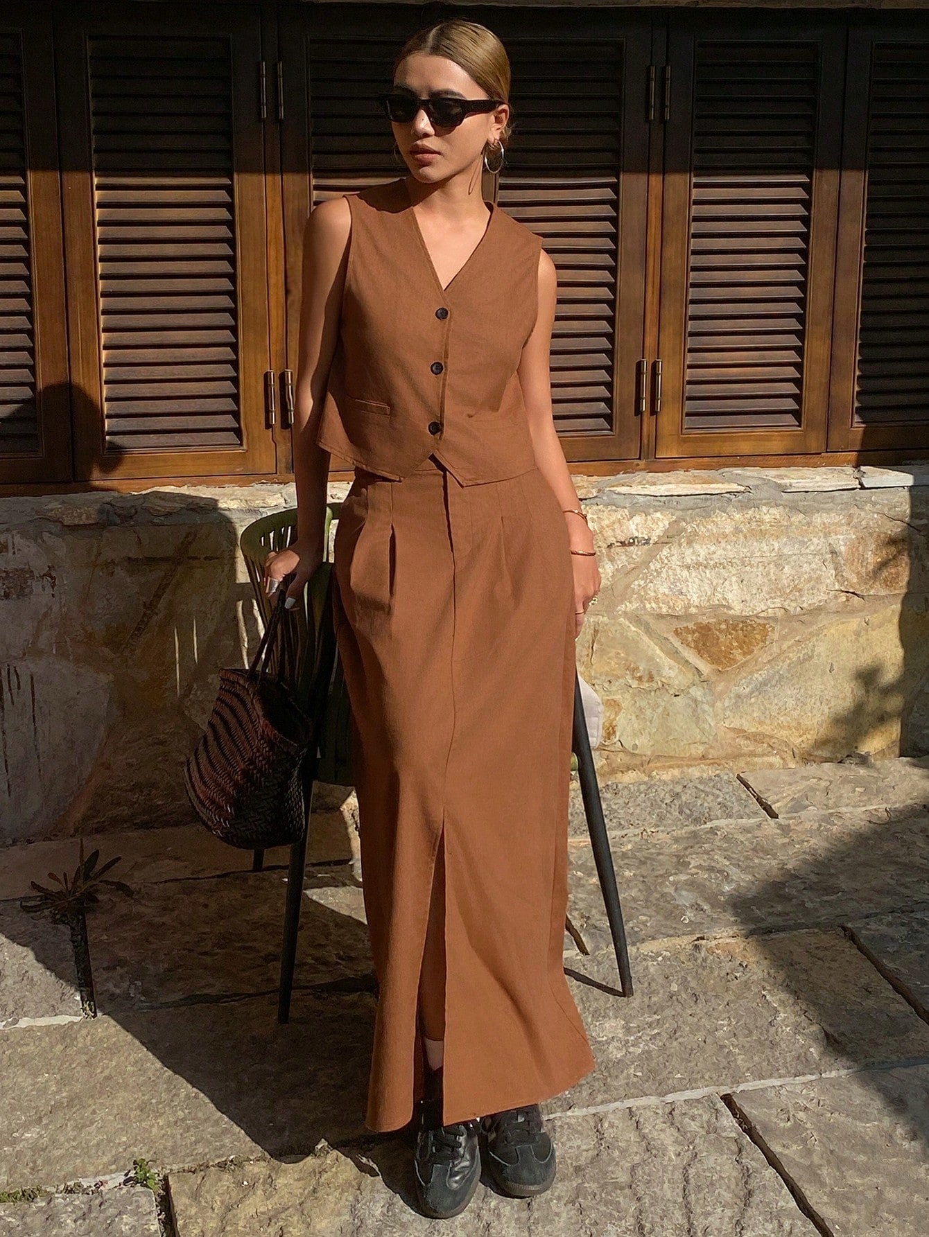CM-SS416772 Women Casual Seoul Style Solid Color Fitted Sleeveless V-Neck Vest With A-Line Skirt - Set