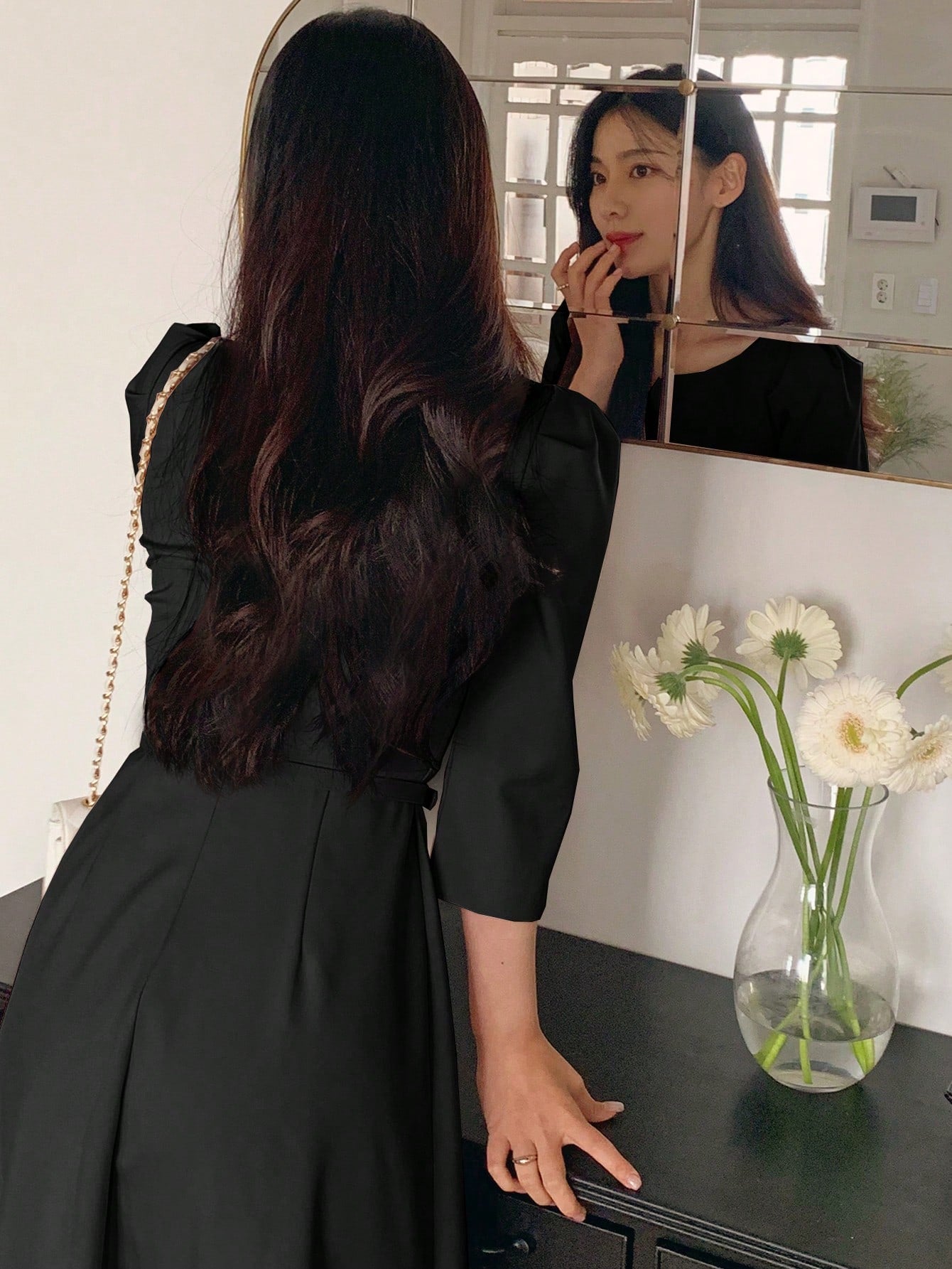 CM-DS529192 Women Elegant Seoul Style Crew Neck Cinched Waist 3/4 Sleeve Mid-Length Dress - Black
