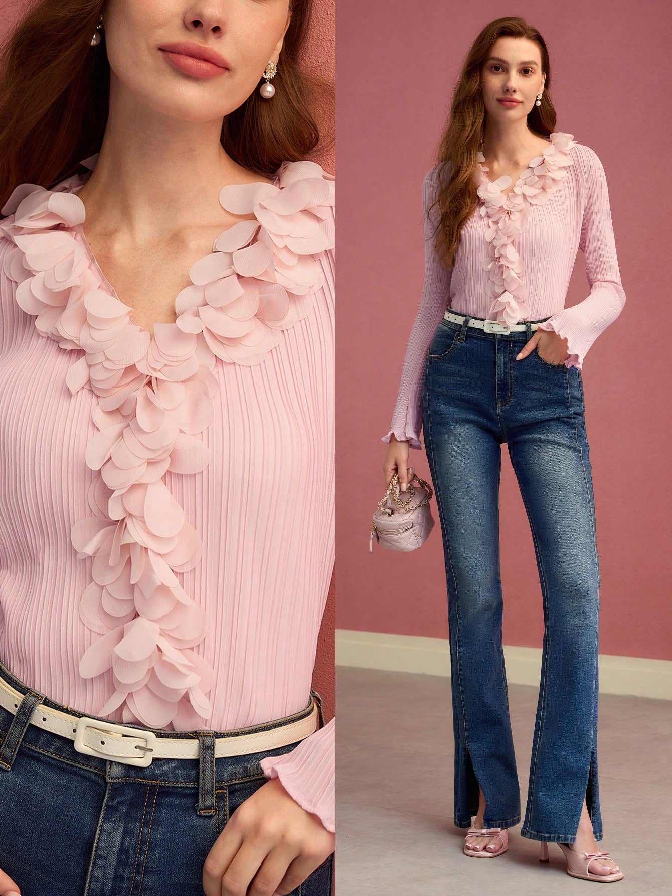 CM-TS975925 Women Elegant Seoul Style Ruffle Decor V-Neck Appliques Flare Sleeve Top - Pink