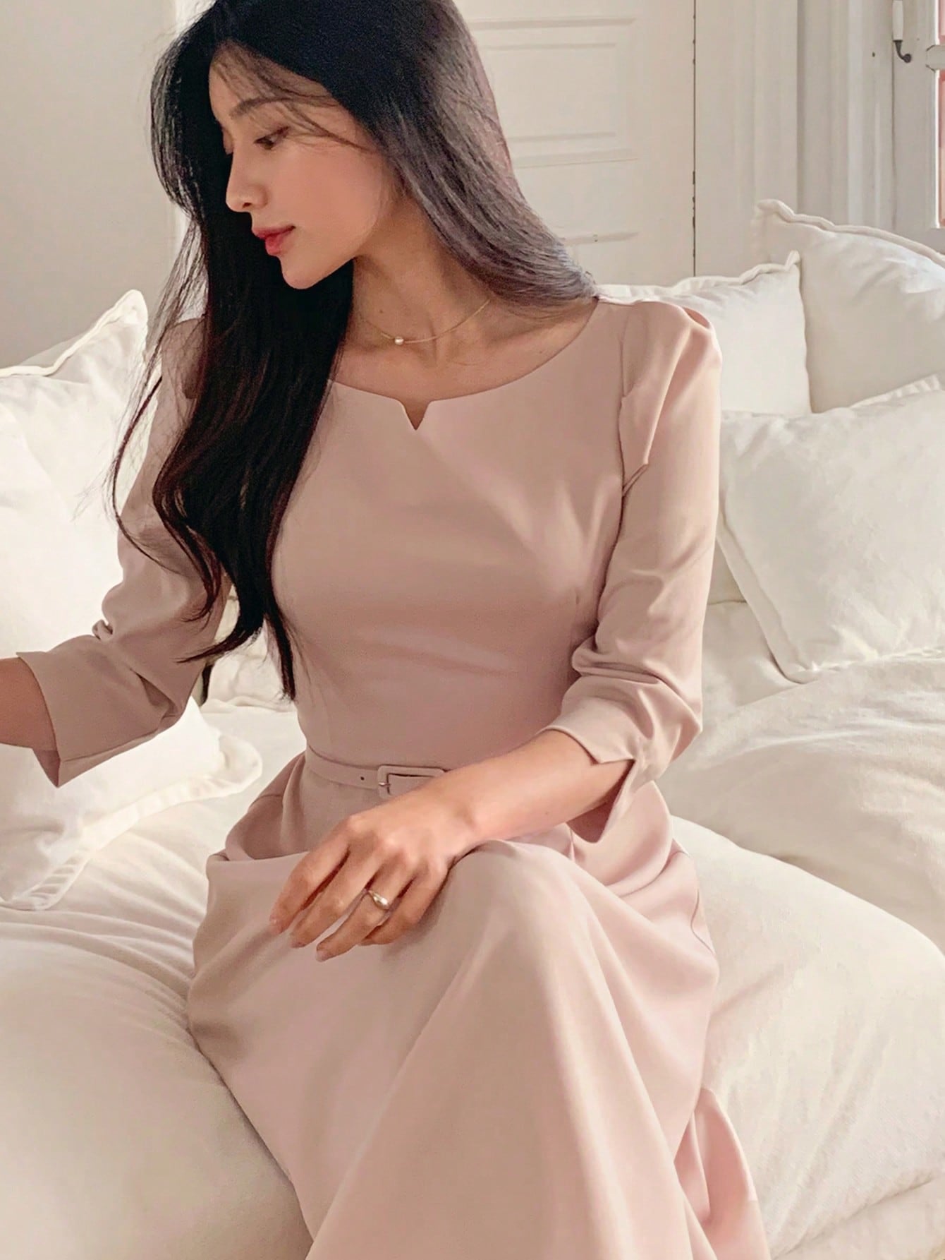 CM-DS544174 Women Elegant Seoul Style Crew Neck Cinched Waist 3/4 Sleeve Mid-Length Dress - Pink
