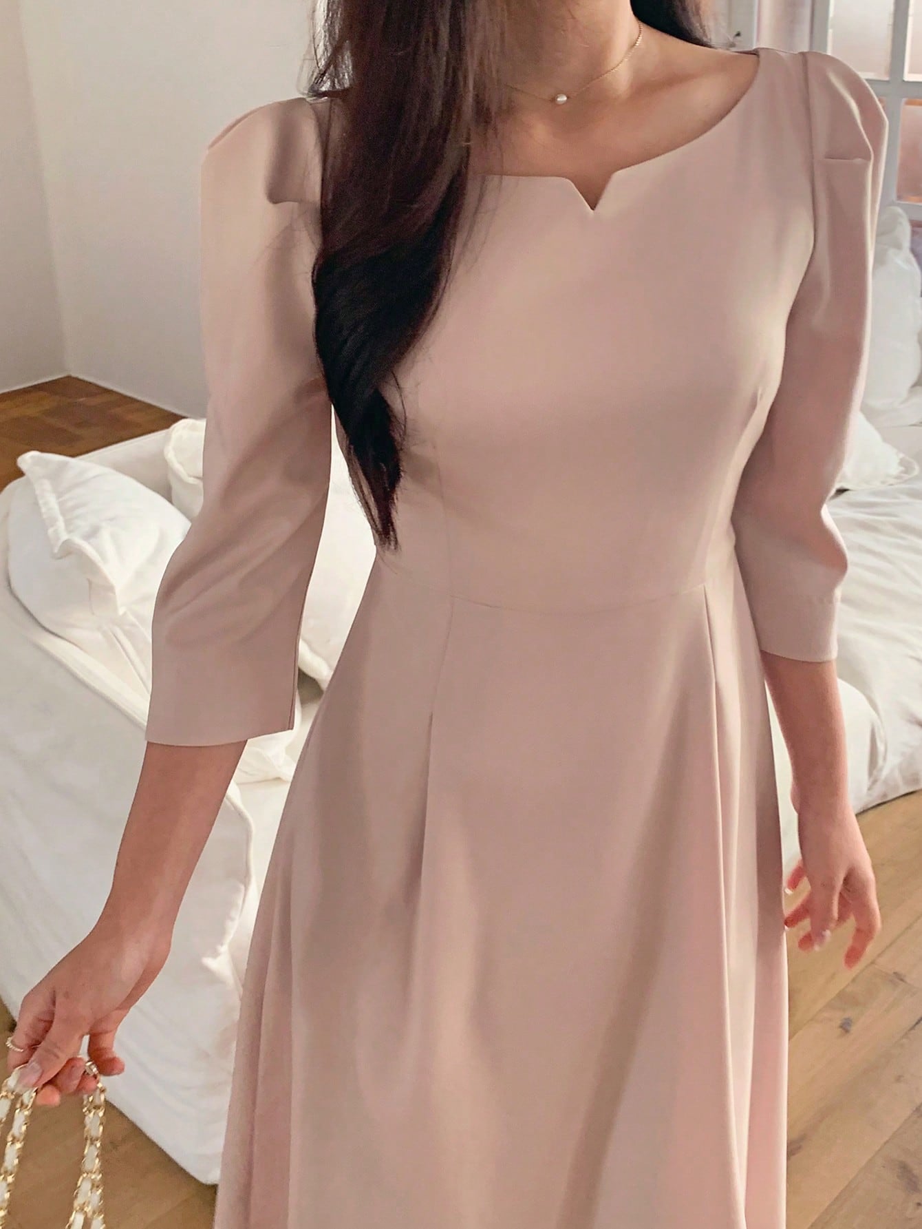 CM-DS544174 Women Elegant Seoul Style Crew Neck Cinched Waist 3/4 Sleeve Mid-Length Dress - Pink