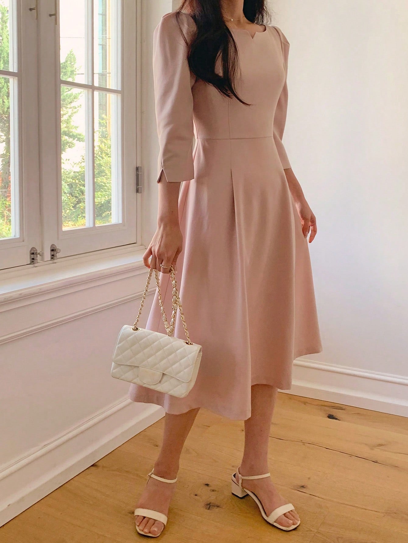 CM-DS544174 Women Elegant Seoul Style Crew Neck Cinched Waist 3/4 Sleeve Mid-Length Dress - Pink
