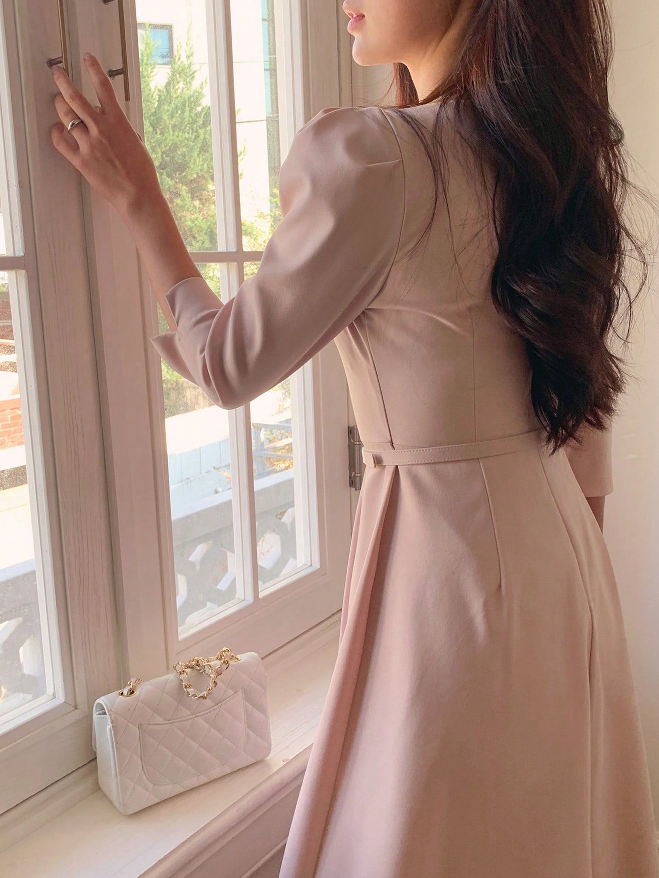 CM-DS544174 Women Elegant Seoul Style Crew Neck Cinched Waist 3/4 Sleeve Mid-Length Dress - Pink