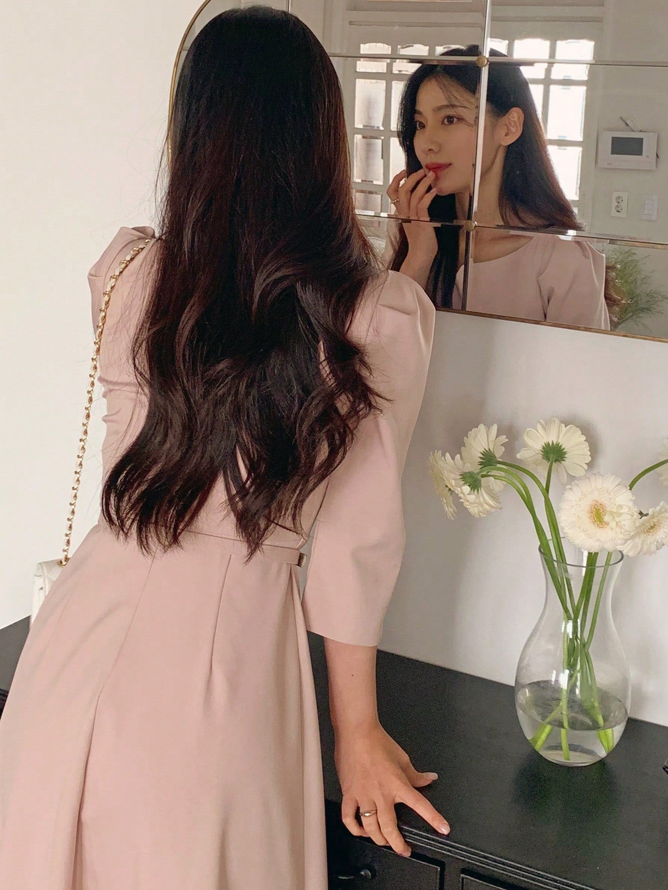 CM-DS544174 Women Elegant Seoul Style Crew Neck Cinched Waist 3/4 Sleeve Mid-Length Dress - Pink