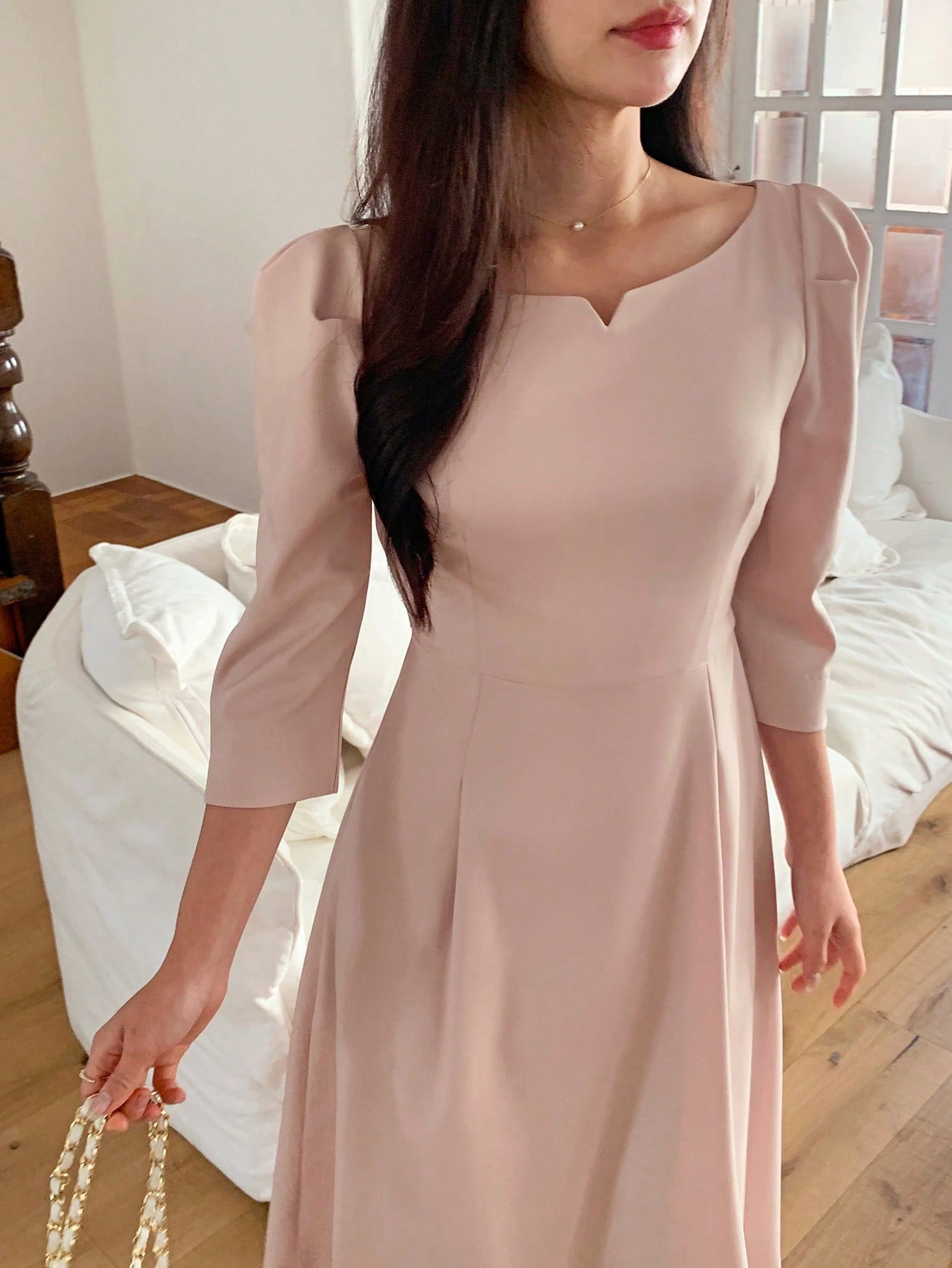 CM-DS544174 Women Elegant Seoul Style Crew Neck Cinched Waist 3/4 Sleeve Mid-Length Dress - Pink