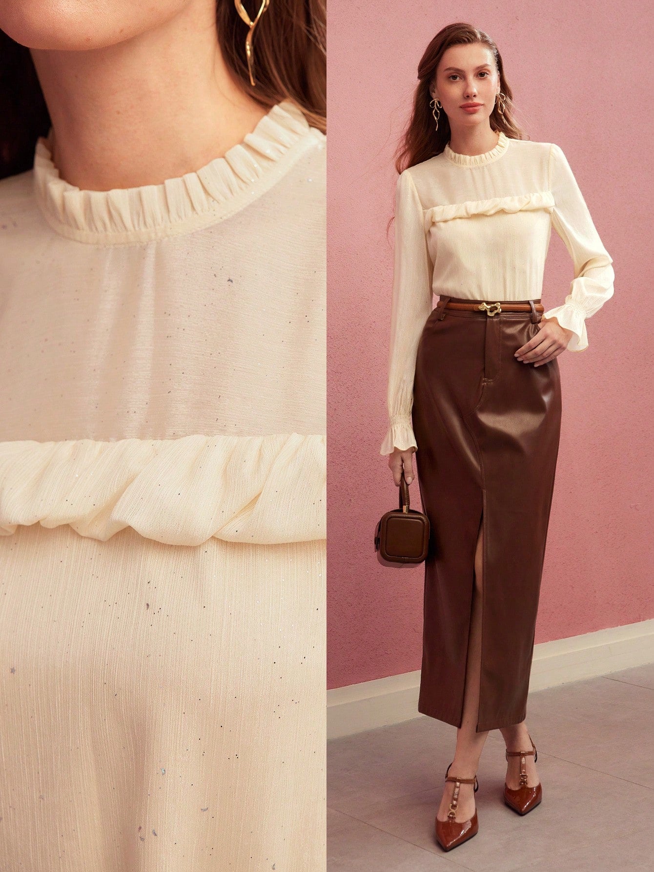 CM-TS887473 Women Elegant Seoul Style Stand Collar Long Sleeve Ruffle Trim Textured Blouse - Apricot
