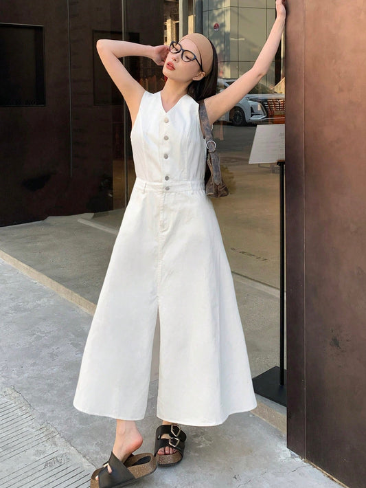 CM-DS066191 Women Casual Seoul Style Solid Color Single Breasted V-Neck Sleeveless Mid-Length Dress
