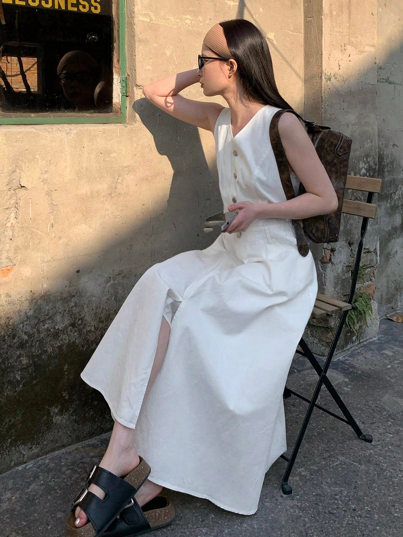 CM-DS066191 Women Casual Seoul Style Solid Color Single Breasted V-Neck Sleeveless Mid-Length Dress