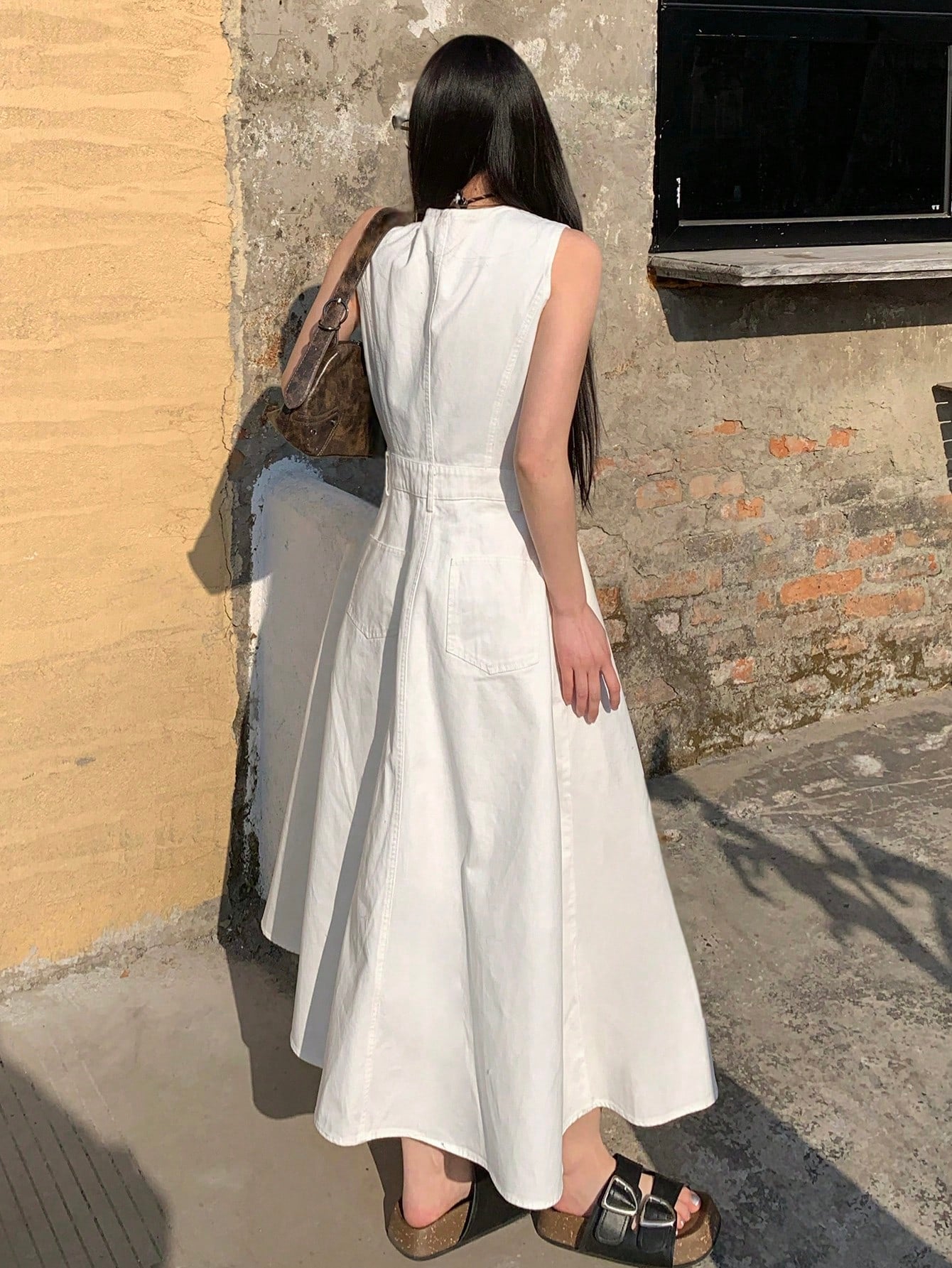 CM-DS066191 Women Casual Seoul Style Solid Color Single Breasted V-Neck Sleeveless Mid-Length Dress