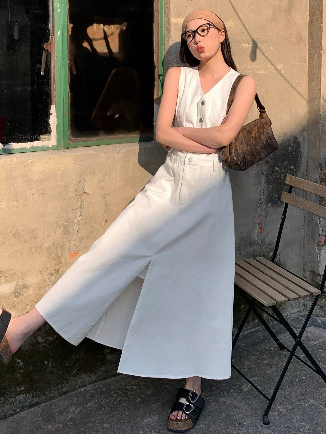 CM-DS066191 Women Casual Seoul Style Solid Color Single Breasted V-Neck Sleeveless Mid-Length Dress